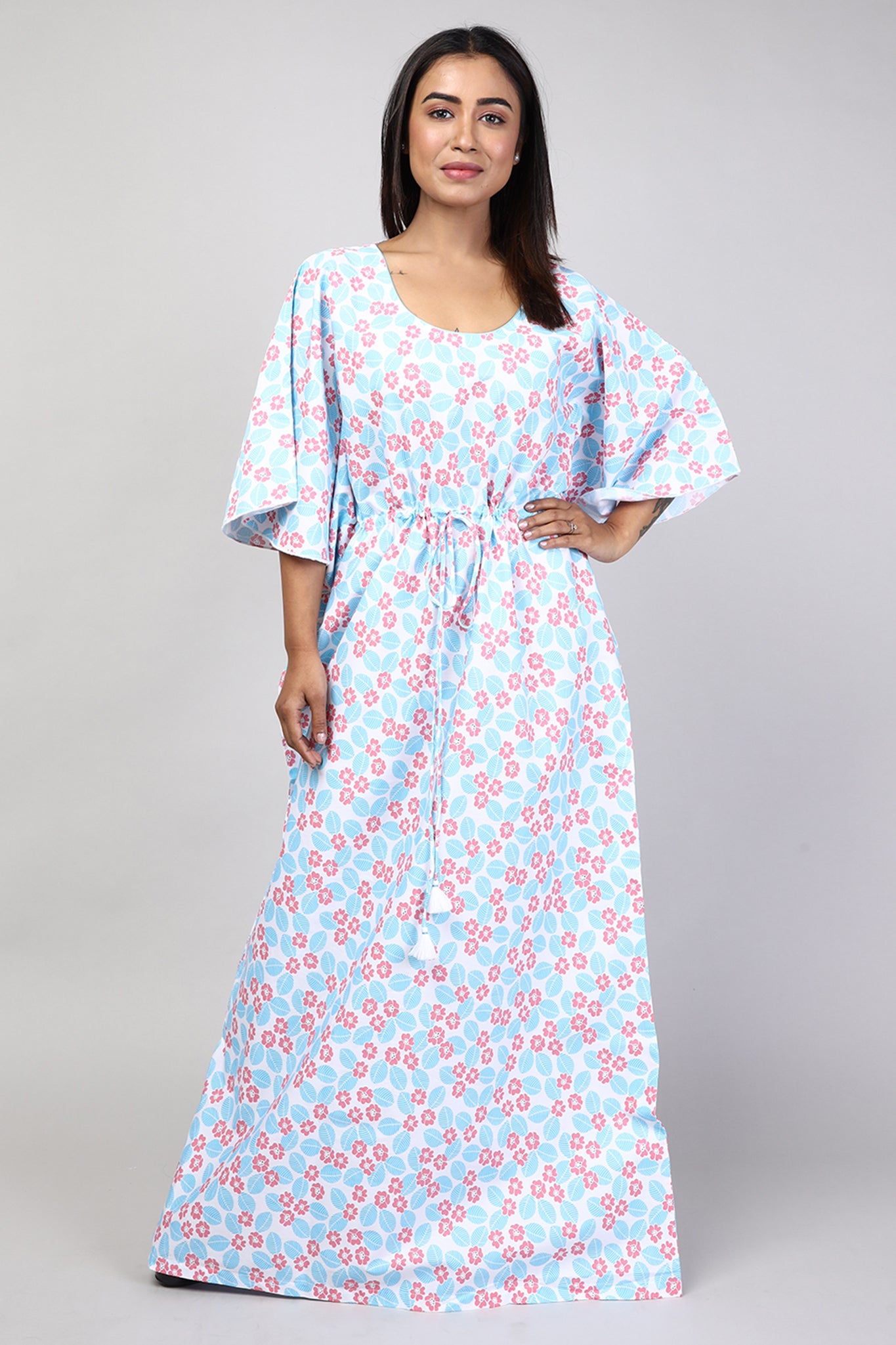 Women Blue Floral Print Cotton Kaftan