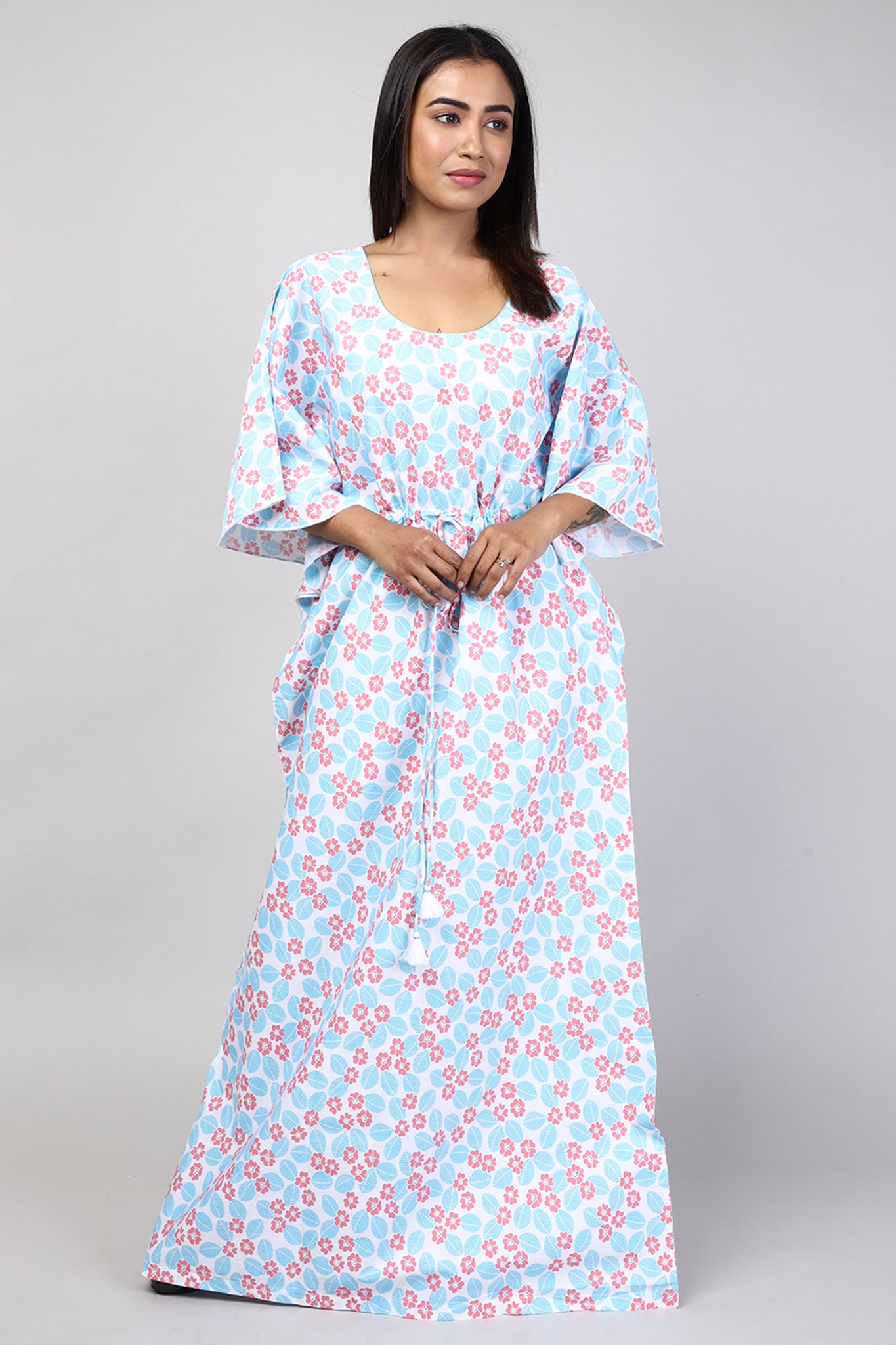 Women Blue Floral Print Cotton Kaftan