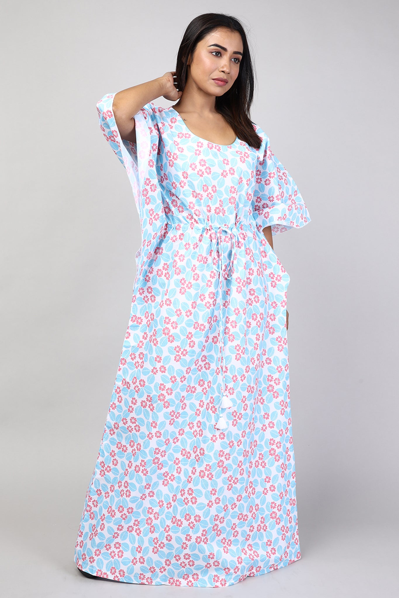 Women Blue Floral Print Cotton Kaftan