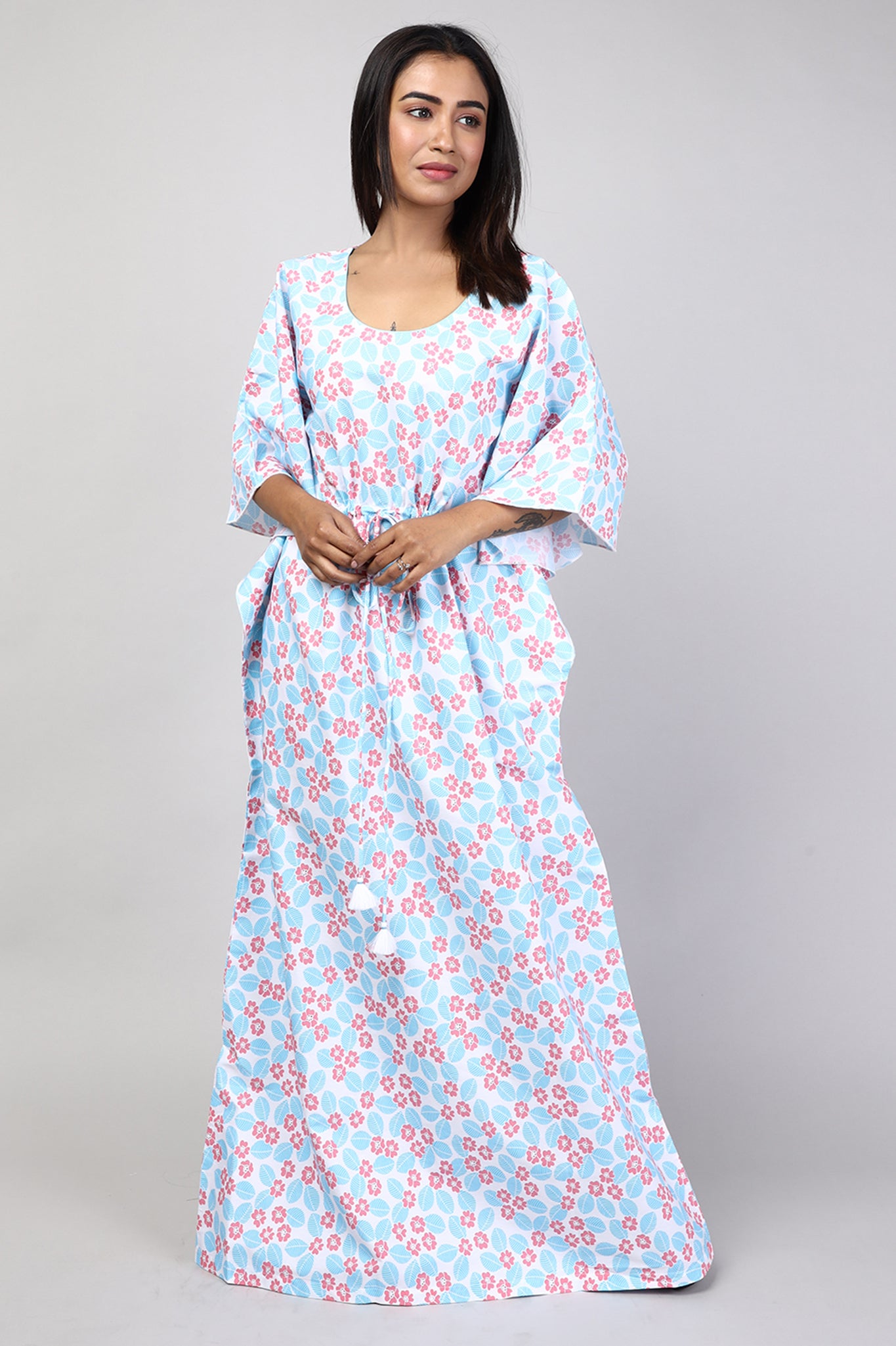 Women Blue Floral Print Cotton Kaftan