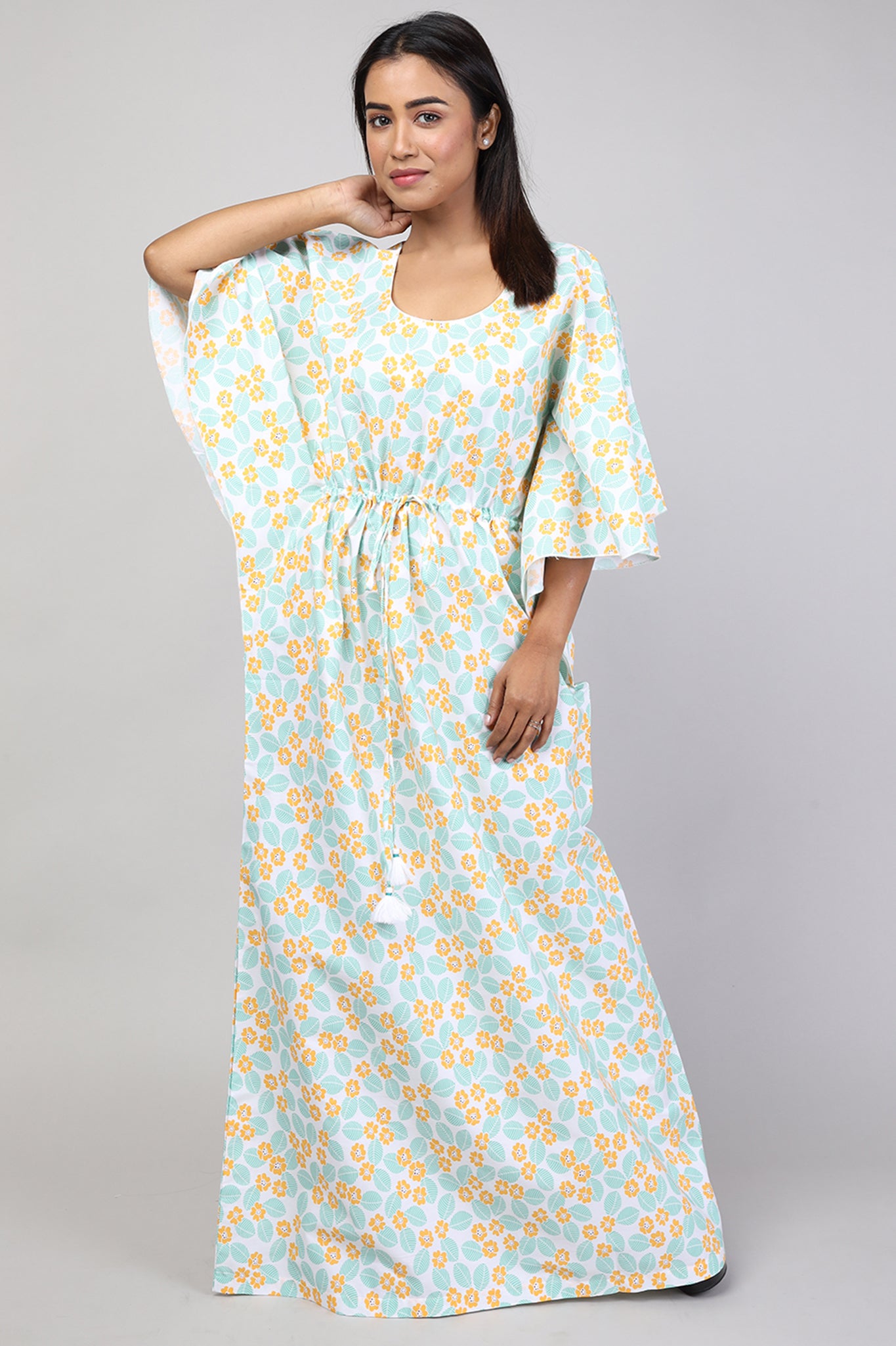 Women Green Floral Print Cotton Kaftan