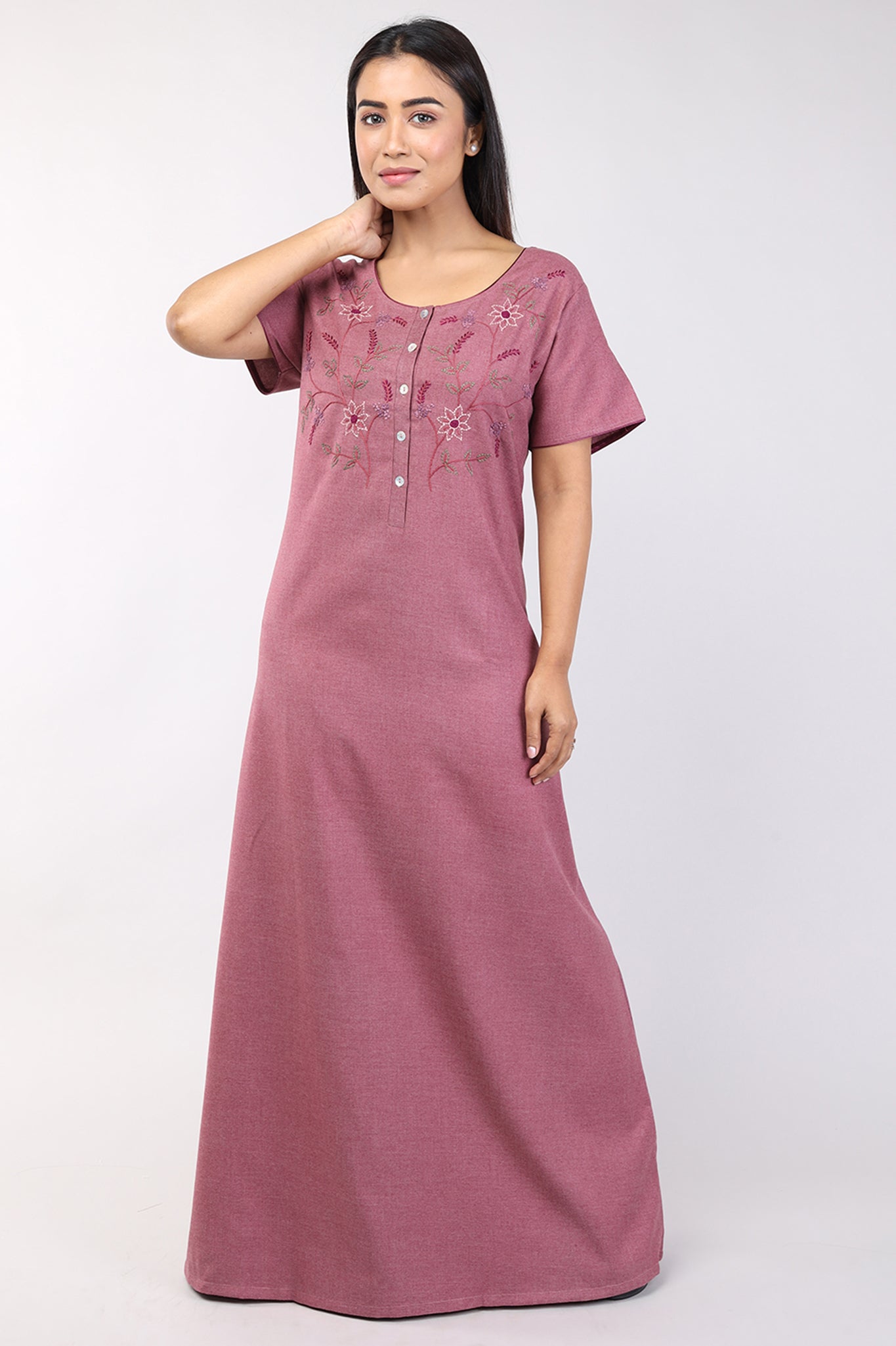 Women Maroon Hand Embroidery Spun Cotton Nighty