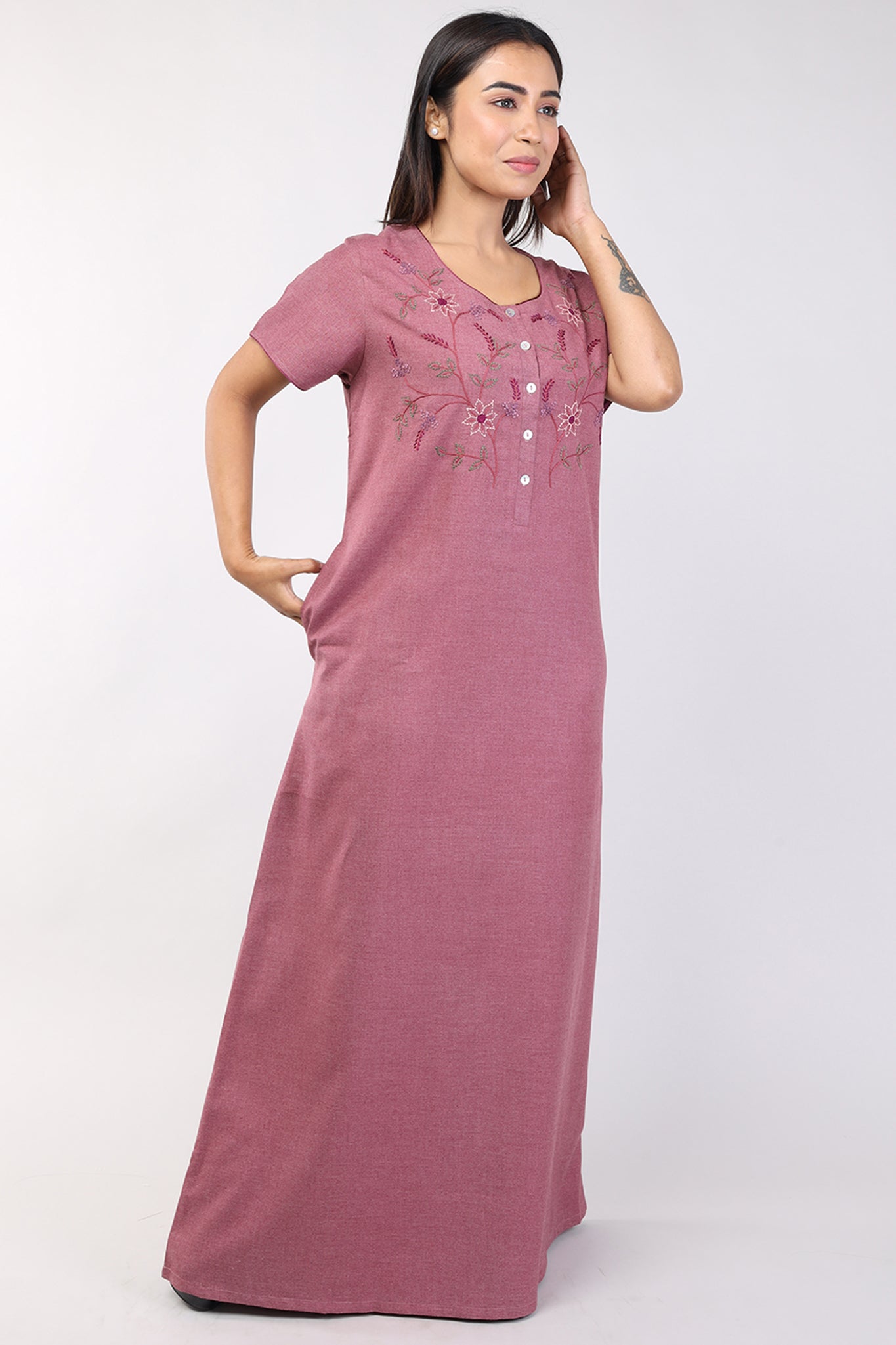 Women Maroon Hand Embroidery Spun Cotton Nighty