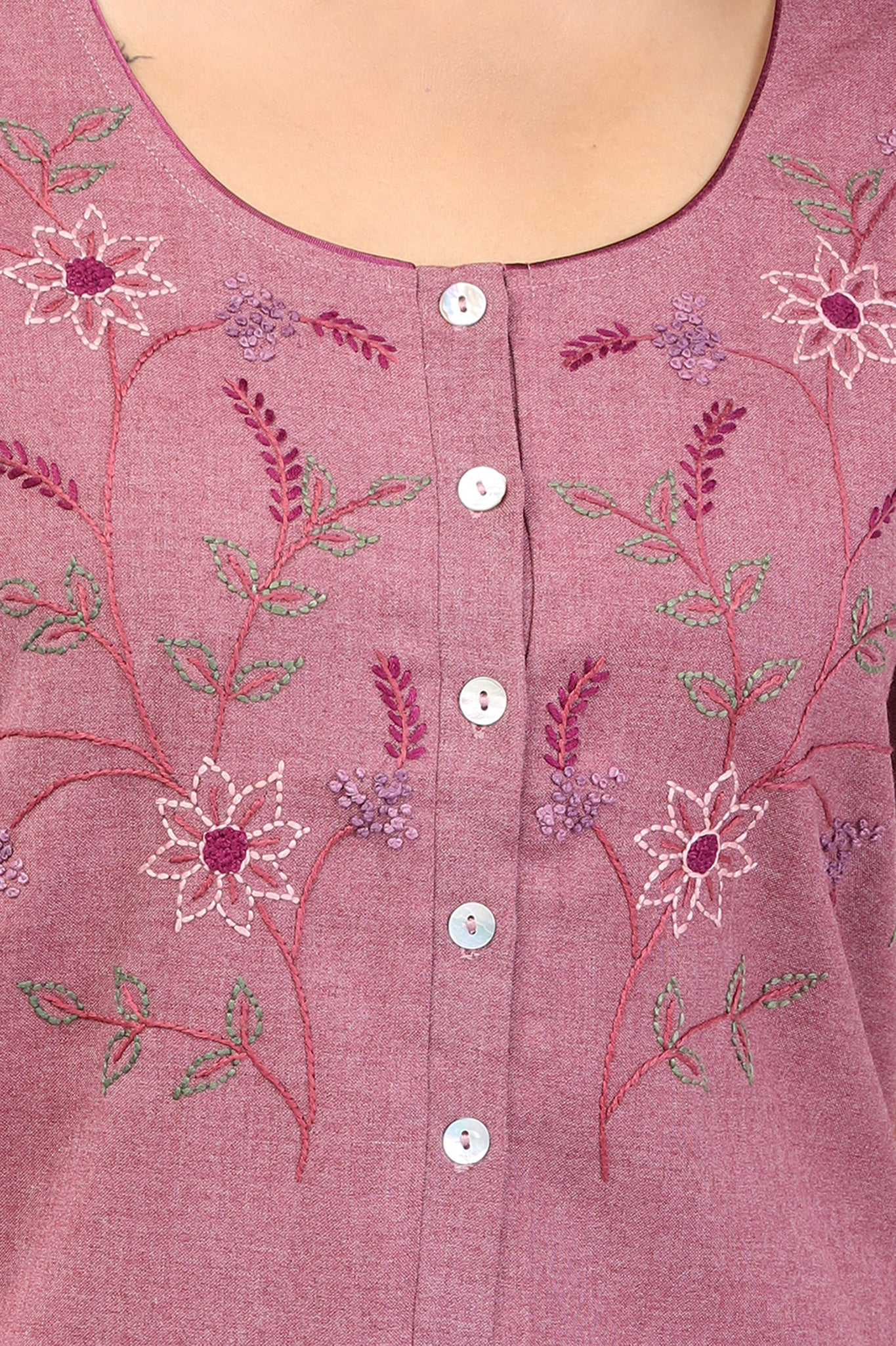 Women Maroon Hand Embroidery Spun Cotton Nighty