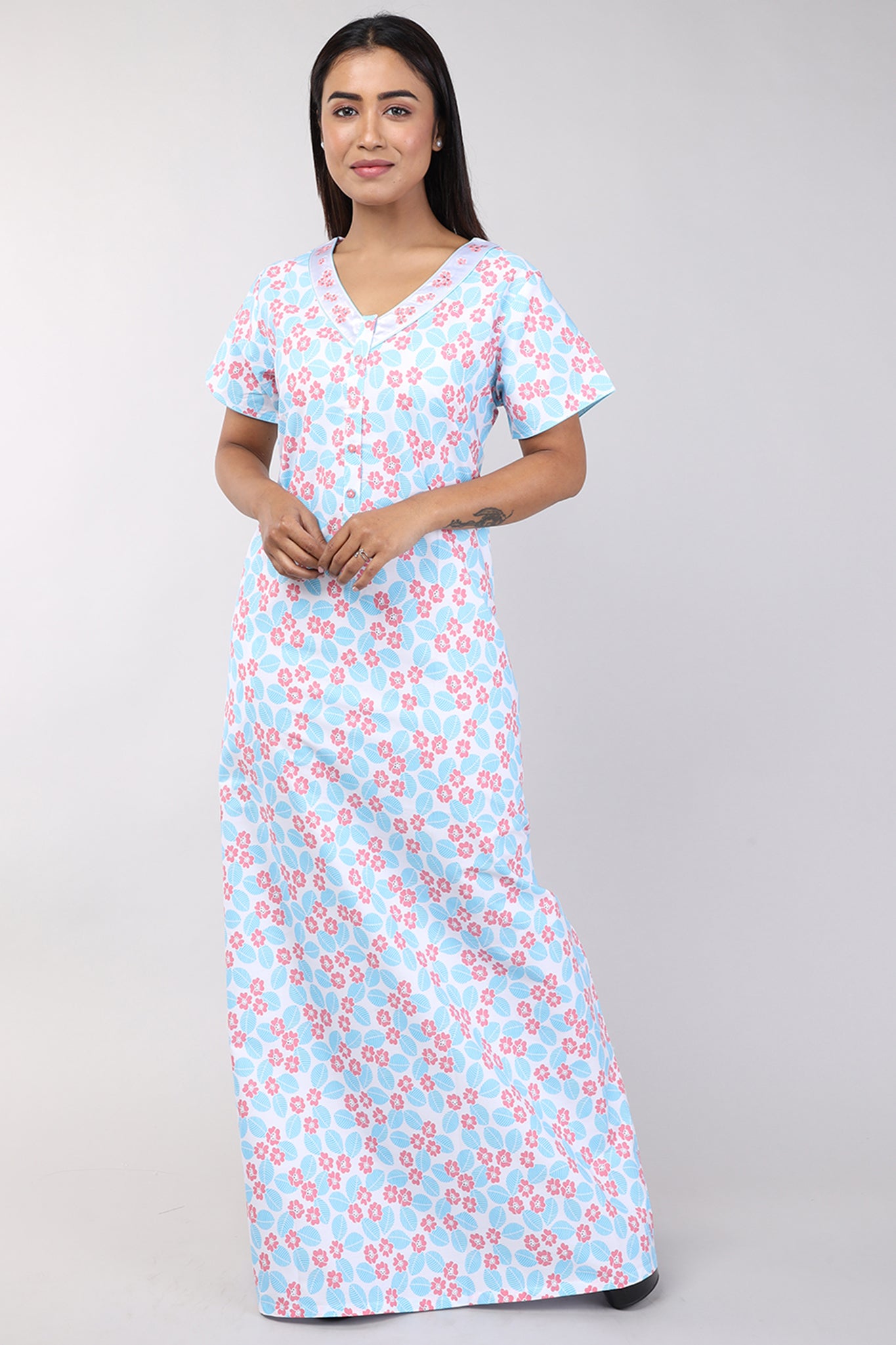 Women Blue Floral Machine Embroidery Cotton Nighty