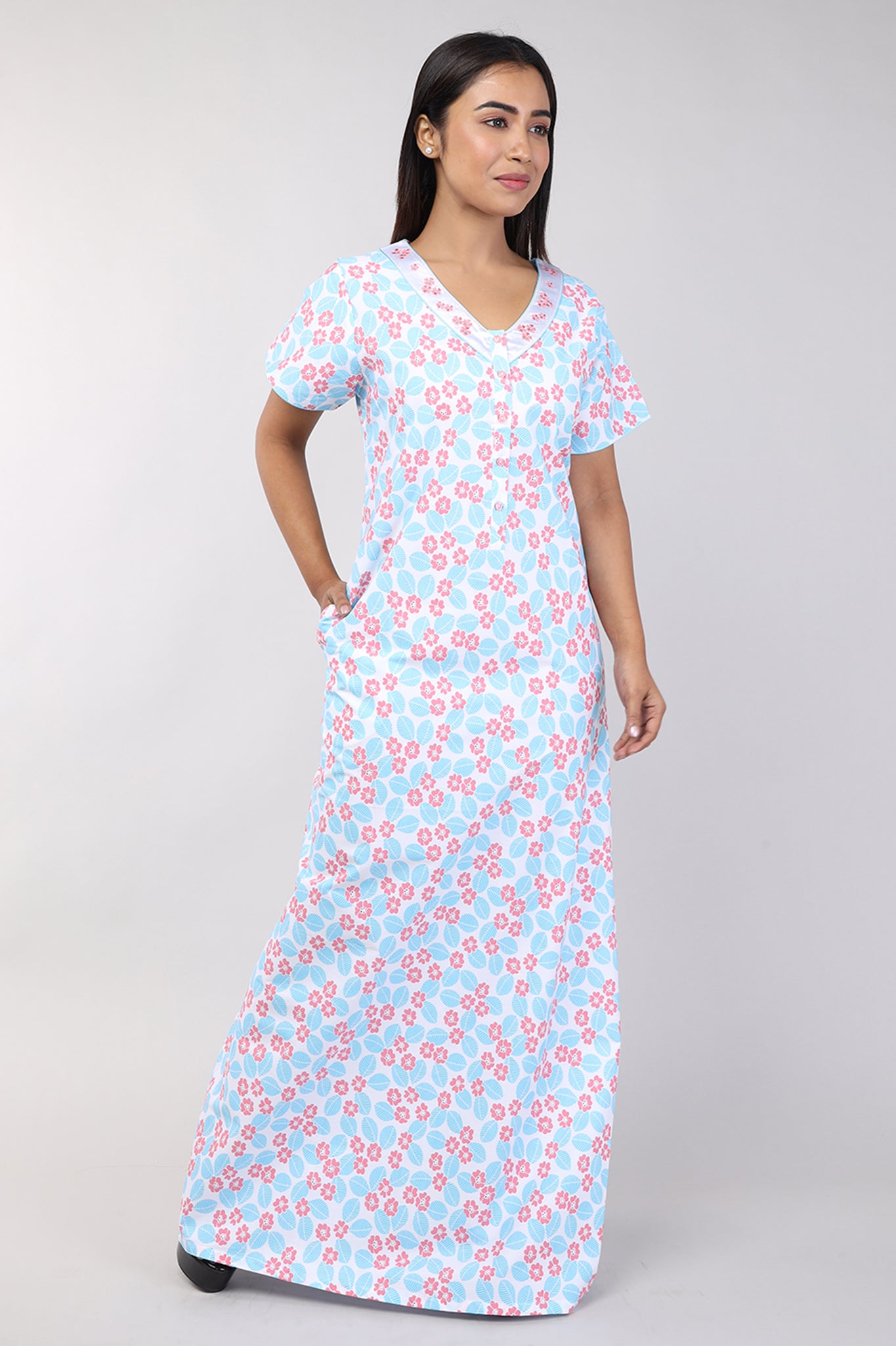 Women Blue Floral Machine Embroidery Cotton Nighty