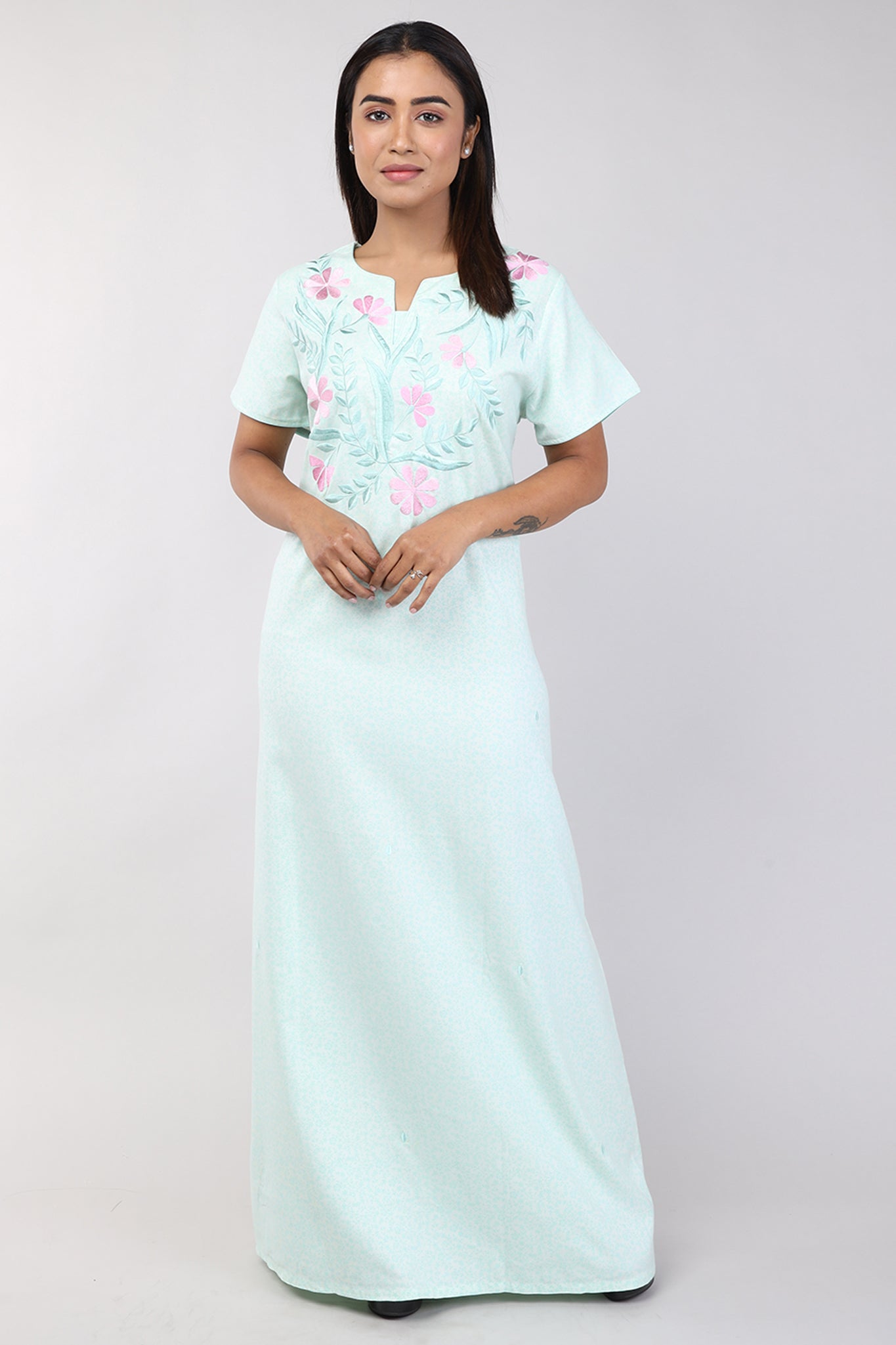 Women Light Green Floral Spun Nighty