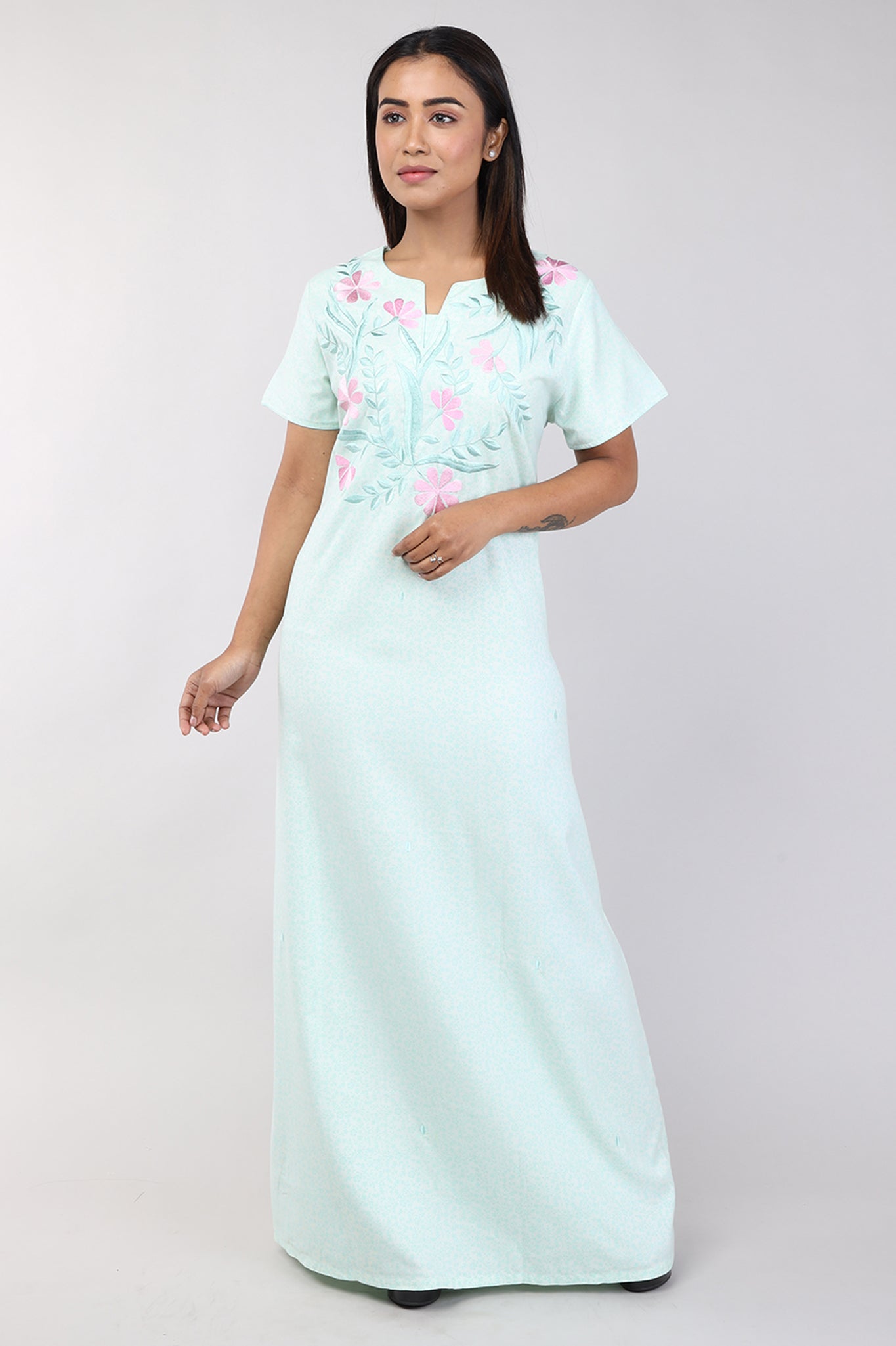 Women Light Green Floral Spun Nighty