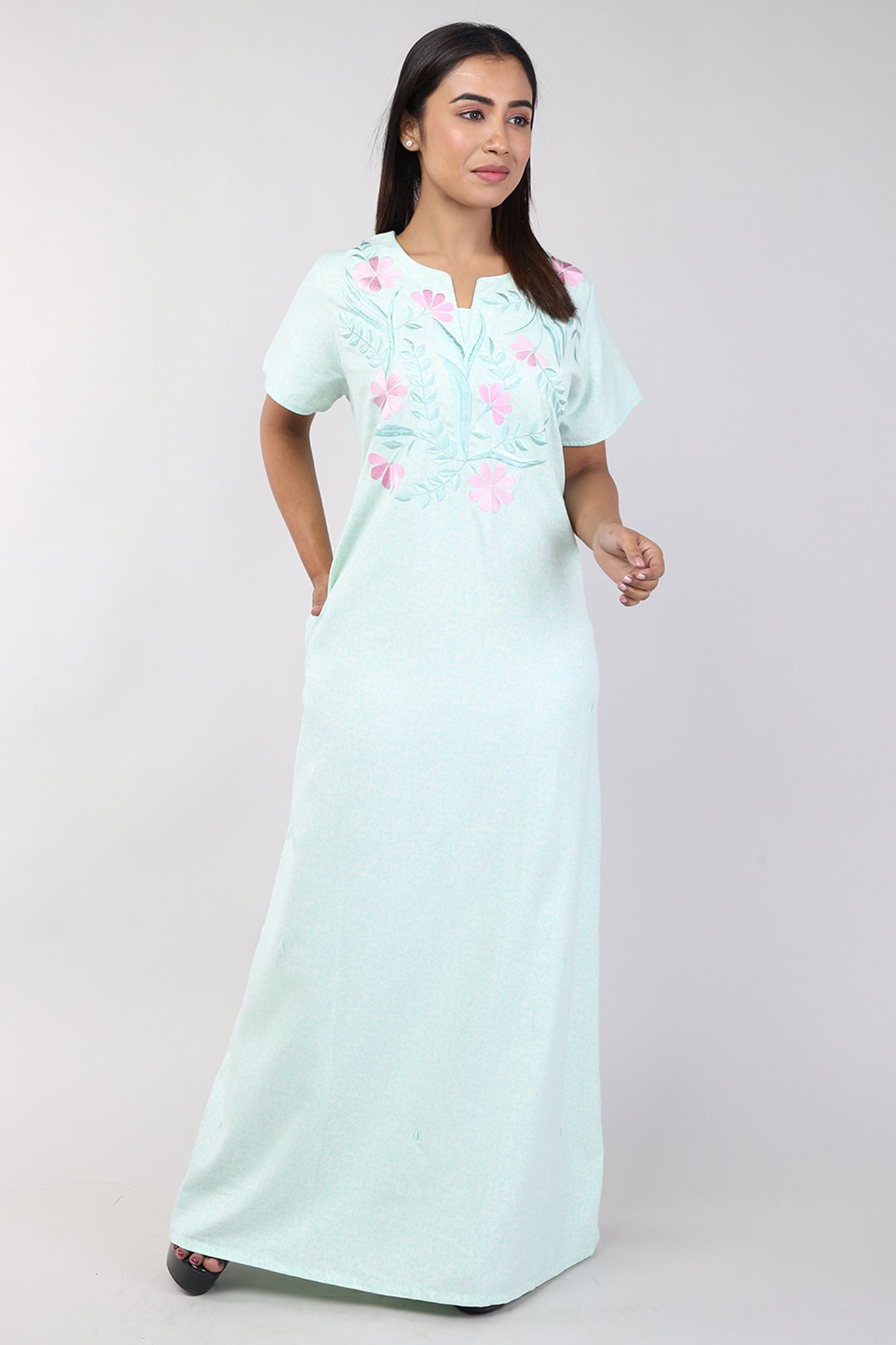 Women Light Green Floral Spun Nighty