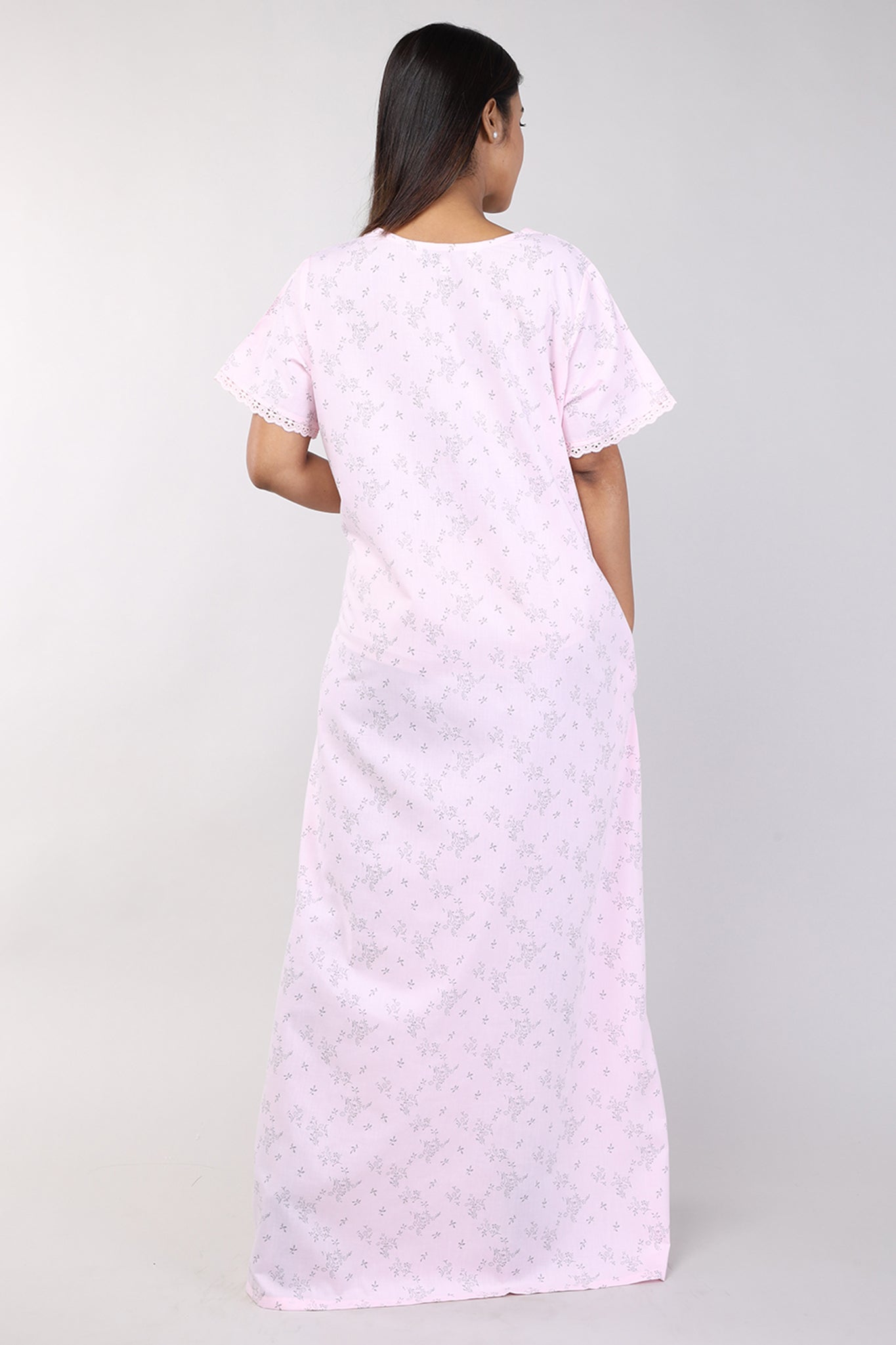 Women Pink Floral Cotton Cambric Nighty