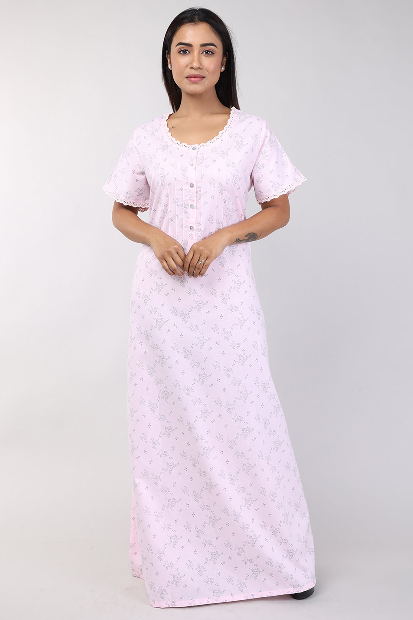 Women Pink Floral Cotton Cambric Nighty