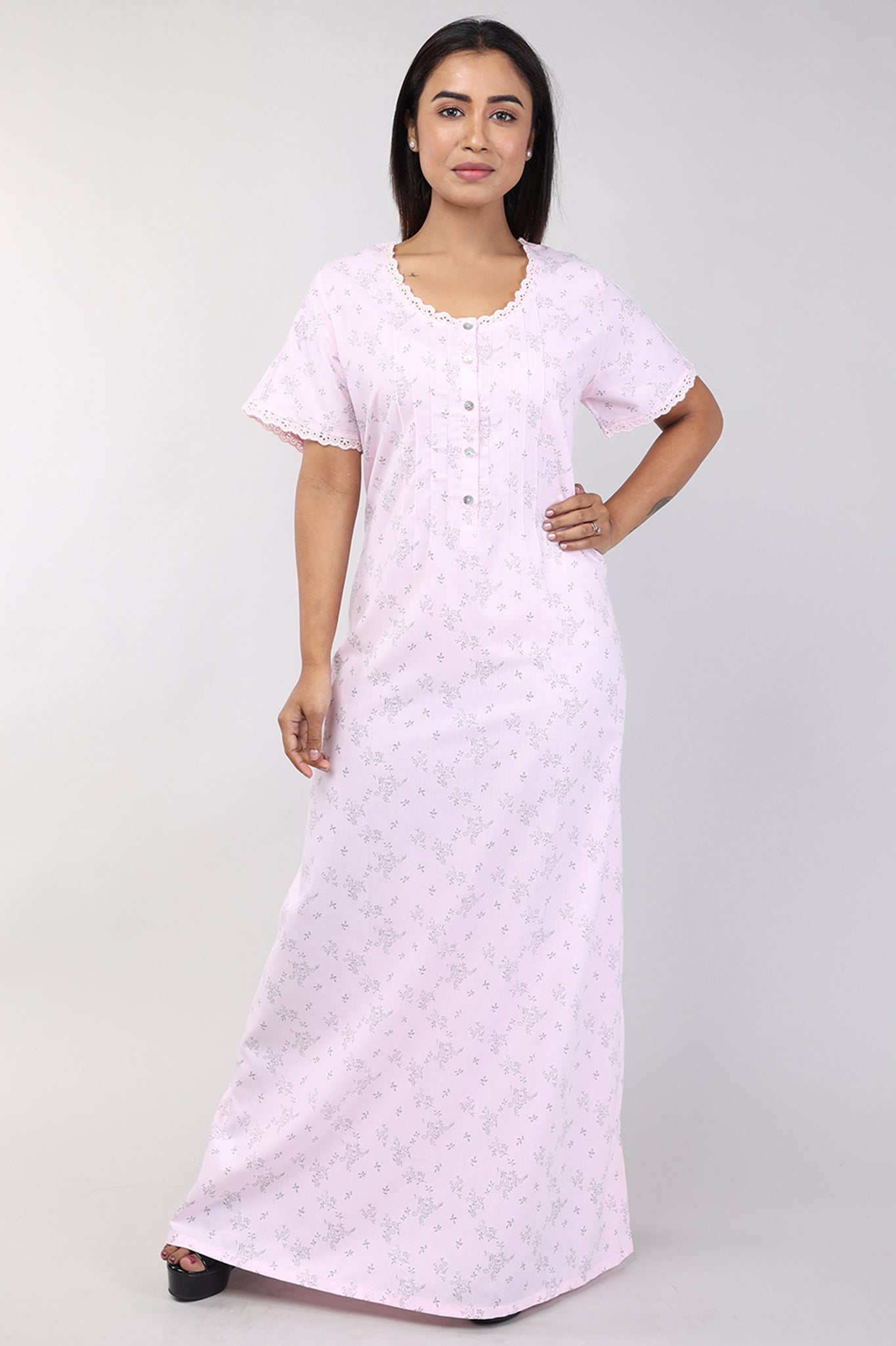 Women Pink Floral Cotton Cambric Nighty