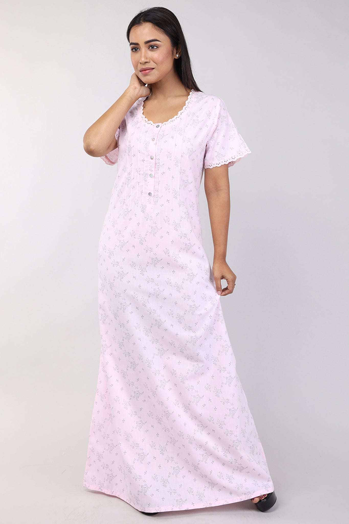 Women Pink Floral Cotton Cambric Nighty