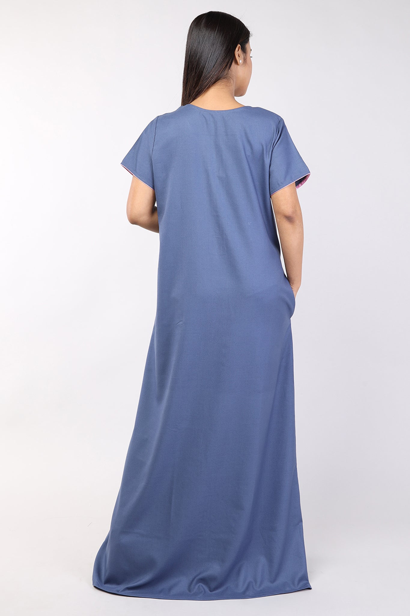 Women Plain Dark Grey Hand Embroidery Spun Cotton Nighty