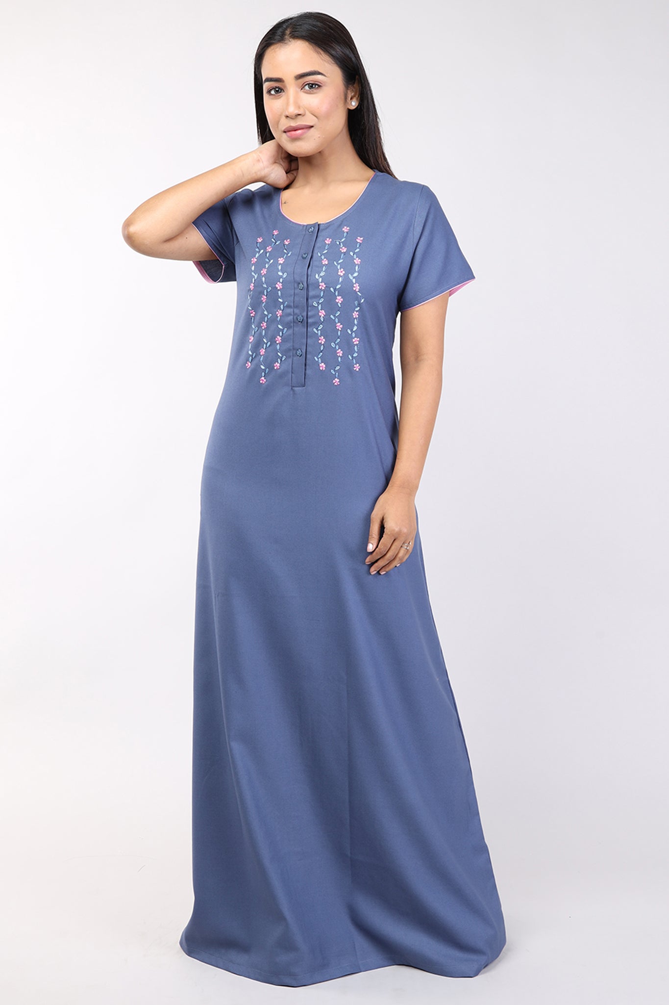 Women Plain Dark Grey Hand Embroidery Spun Cotton Nighty