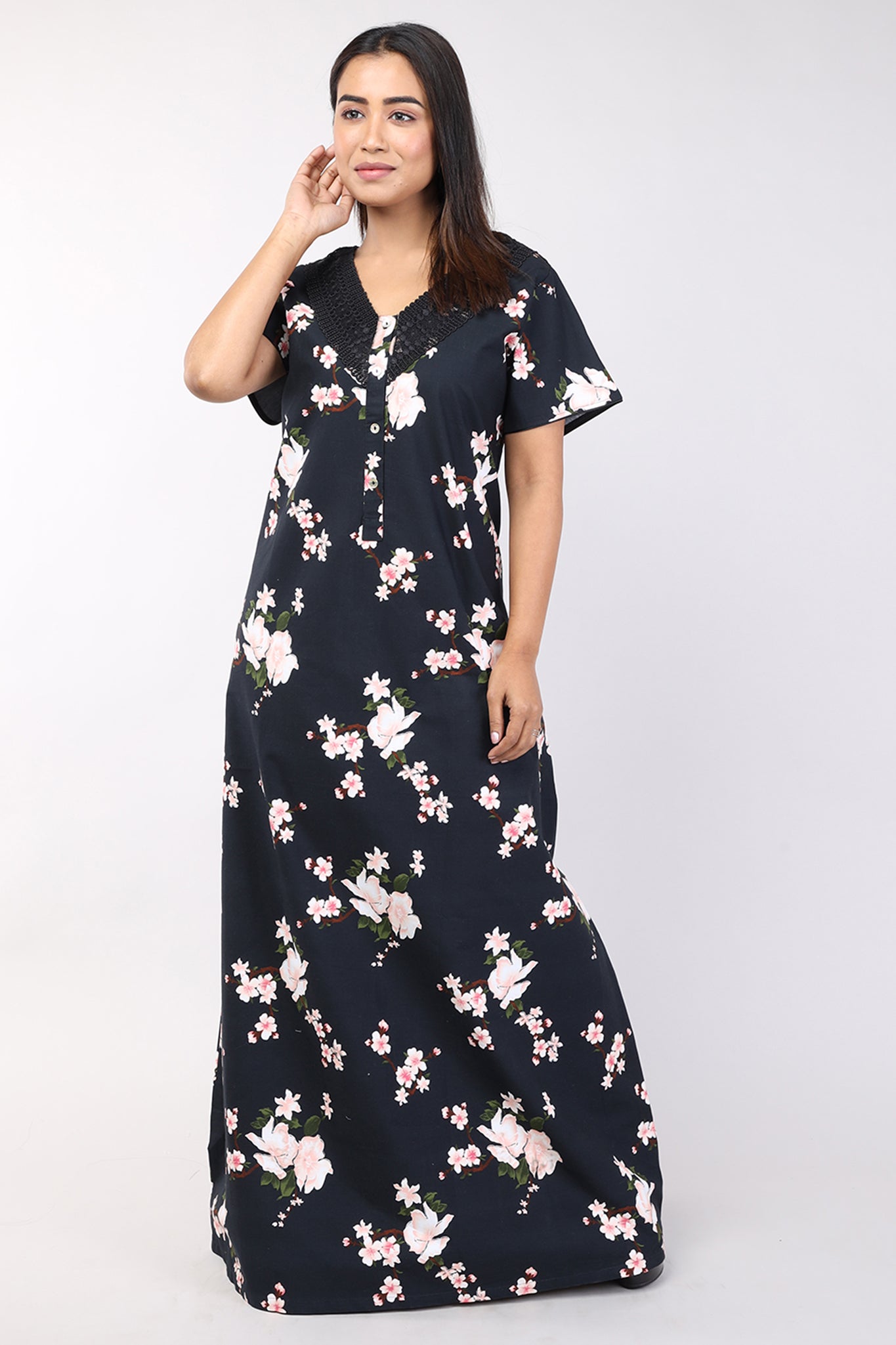 Women Black Floral Print Cotton Cambric Nighty