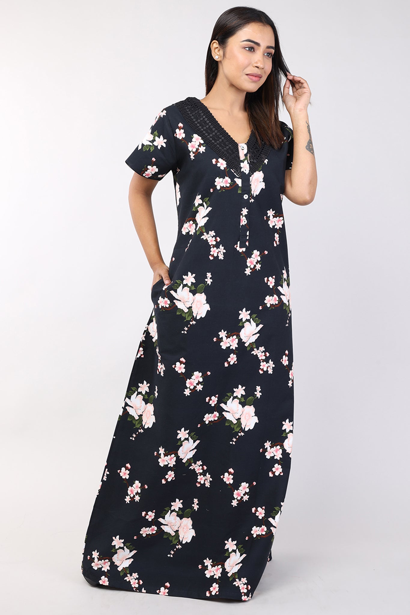 Women Black Floral Print Cotton Cambric Nighty