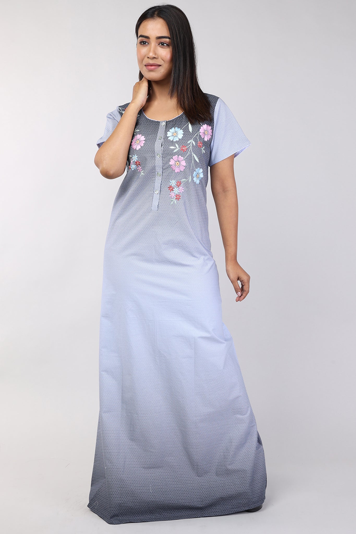 Women Blue Machine Embroidery Cotton Cambric Nighty