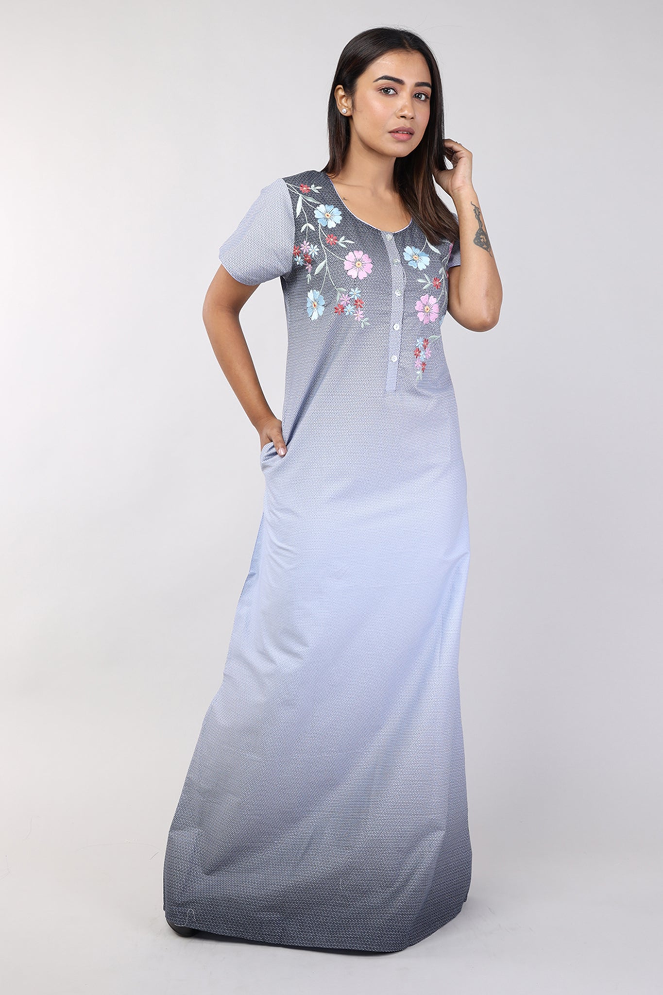 Women Blue Machine Embroidery Cotton Cambric Nighty