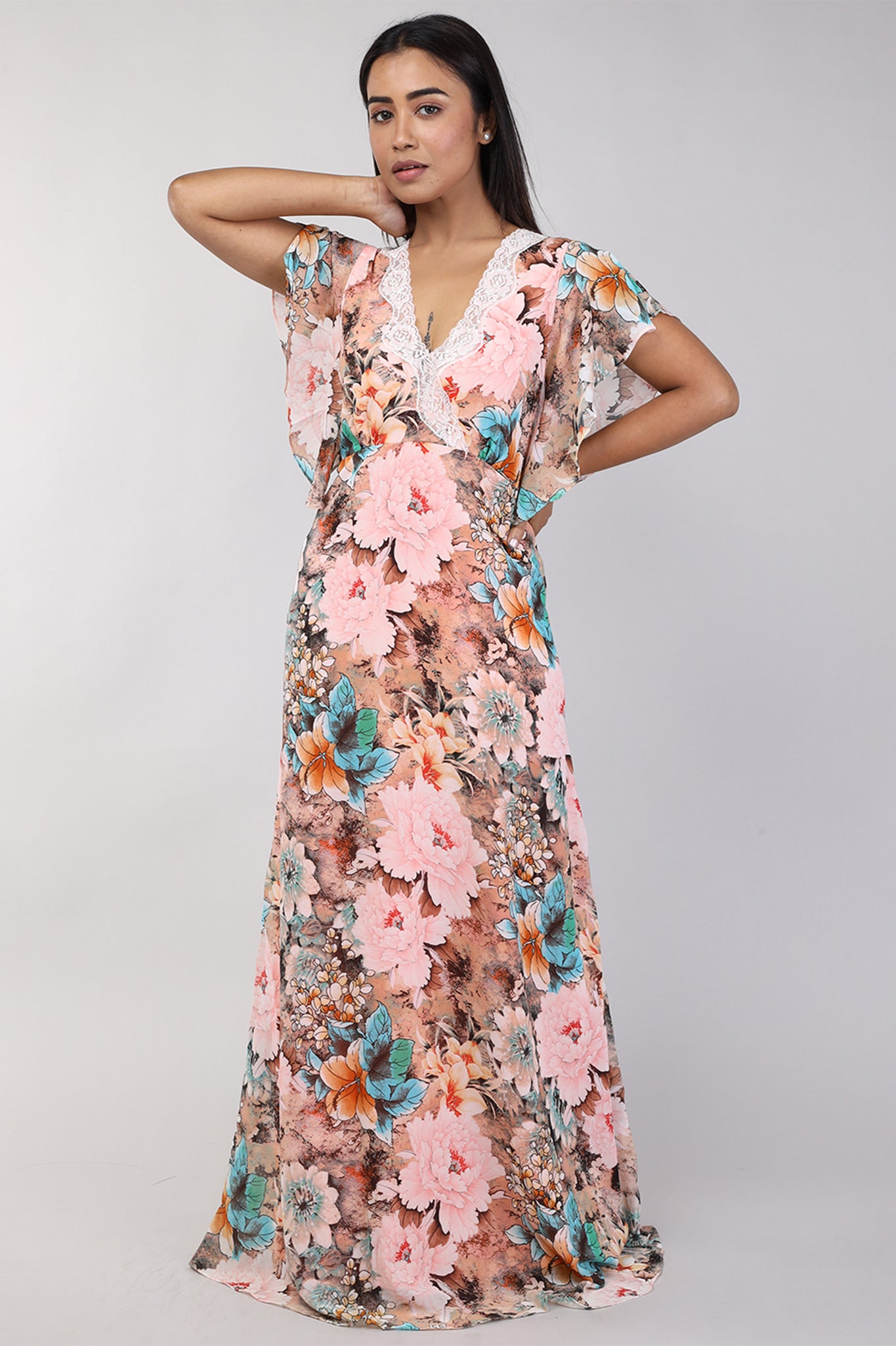 Women Peach Floral Print Double Layered Gorgette Nighty