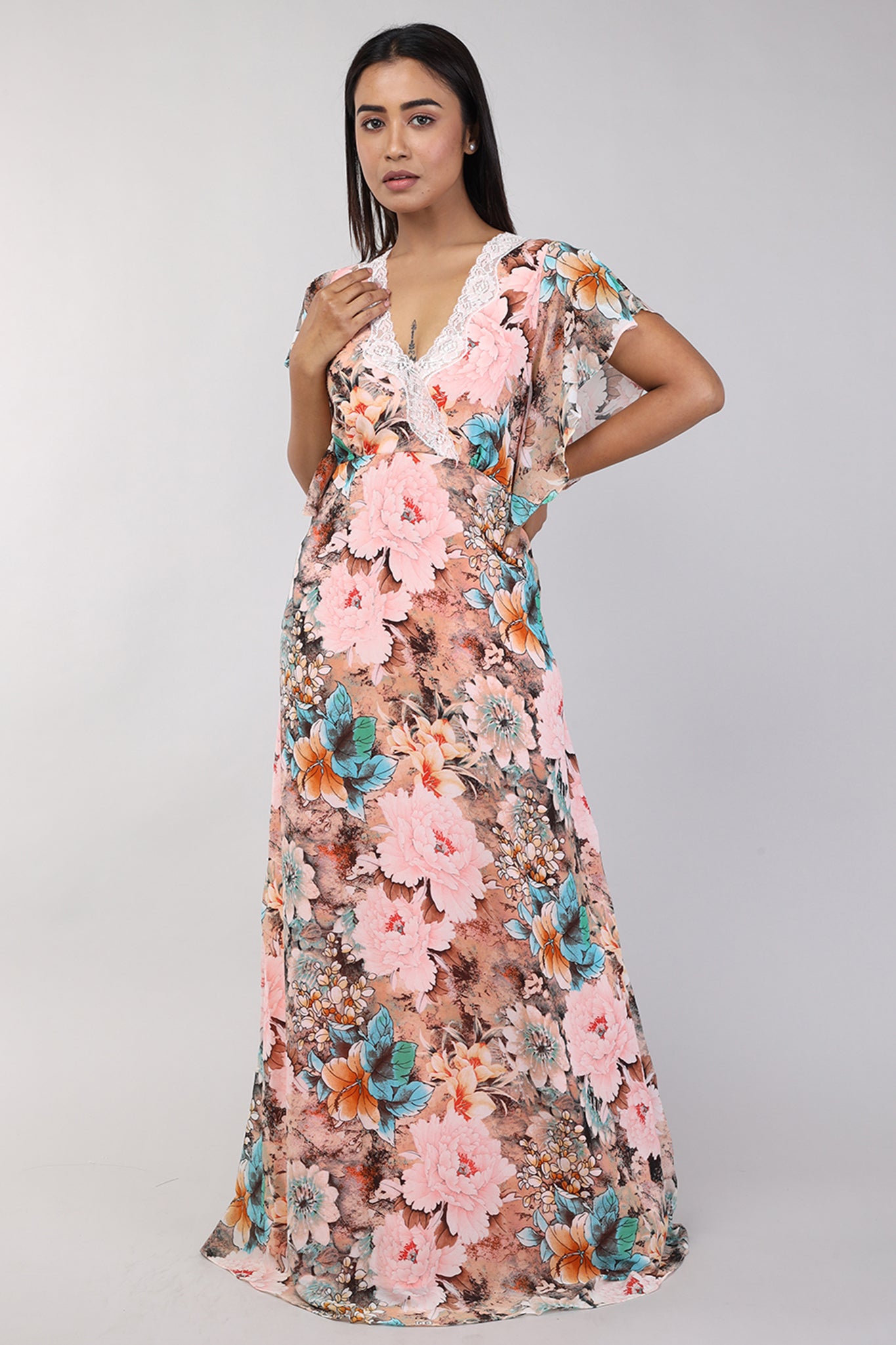 Women Peach Floral Print Double Layered Gorgette Nighty