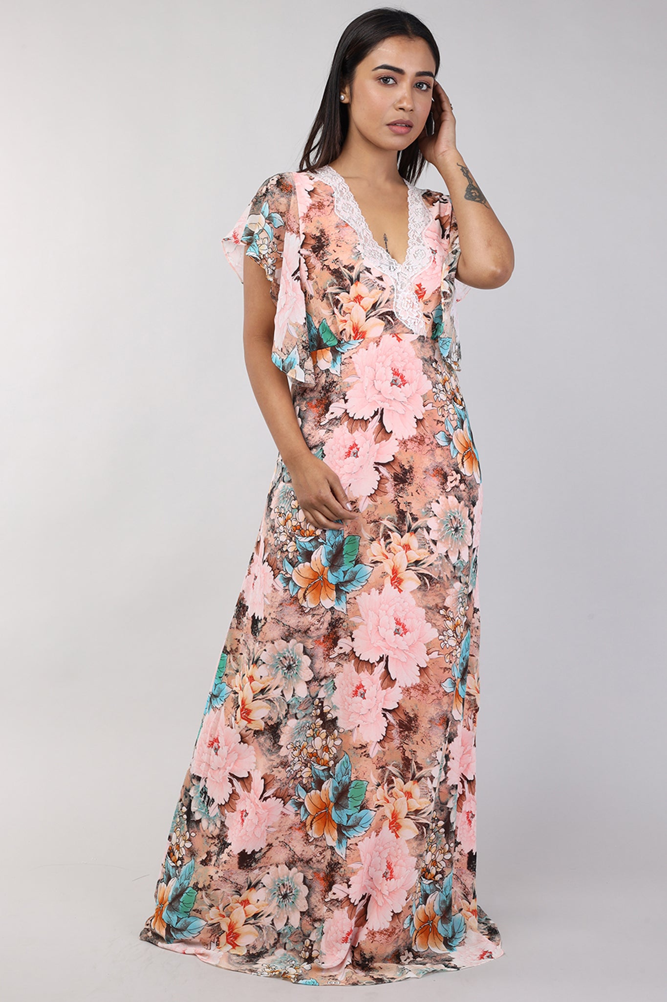 Women Peach Floral Print Double Layered Gorgette Nighty