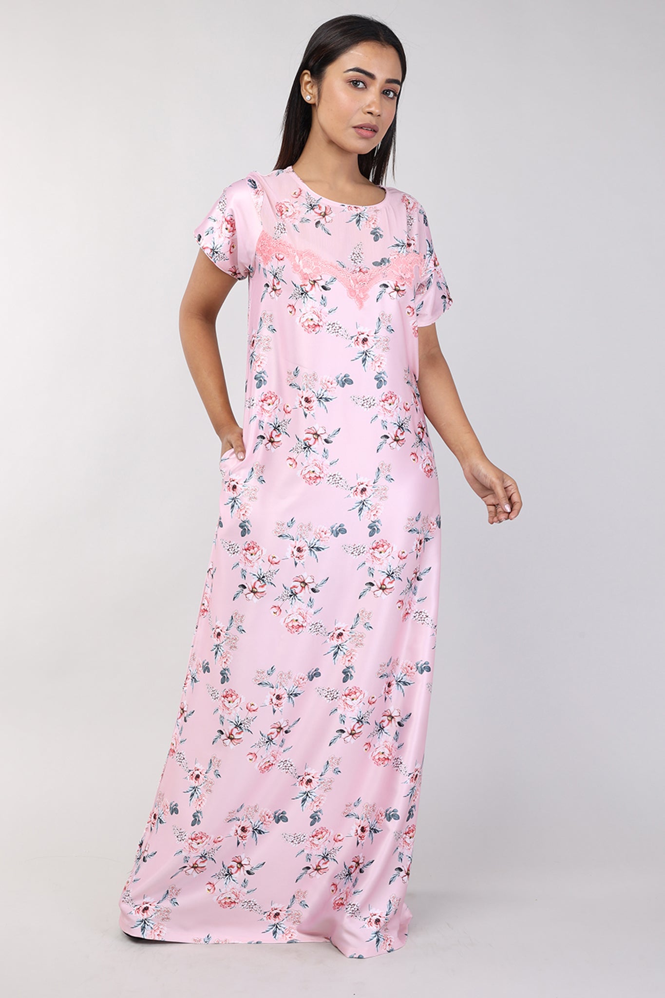 Women Peach Floral Print Satin Nighty