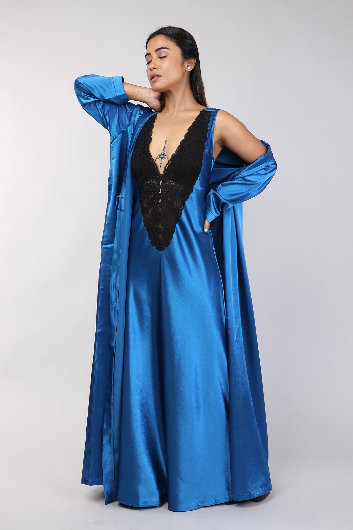 Women Teal Blue Satin Bridal Nighty Gown Set