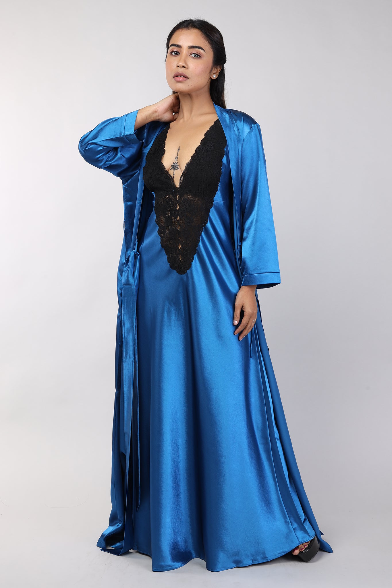 Women Teal Blue Satin Bridal Nighty Gown Set