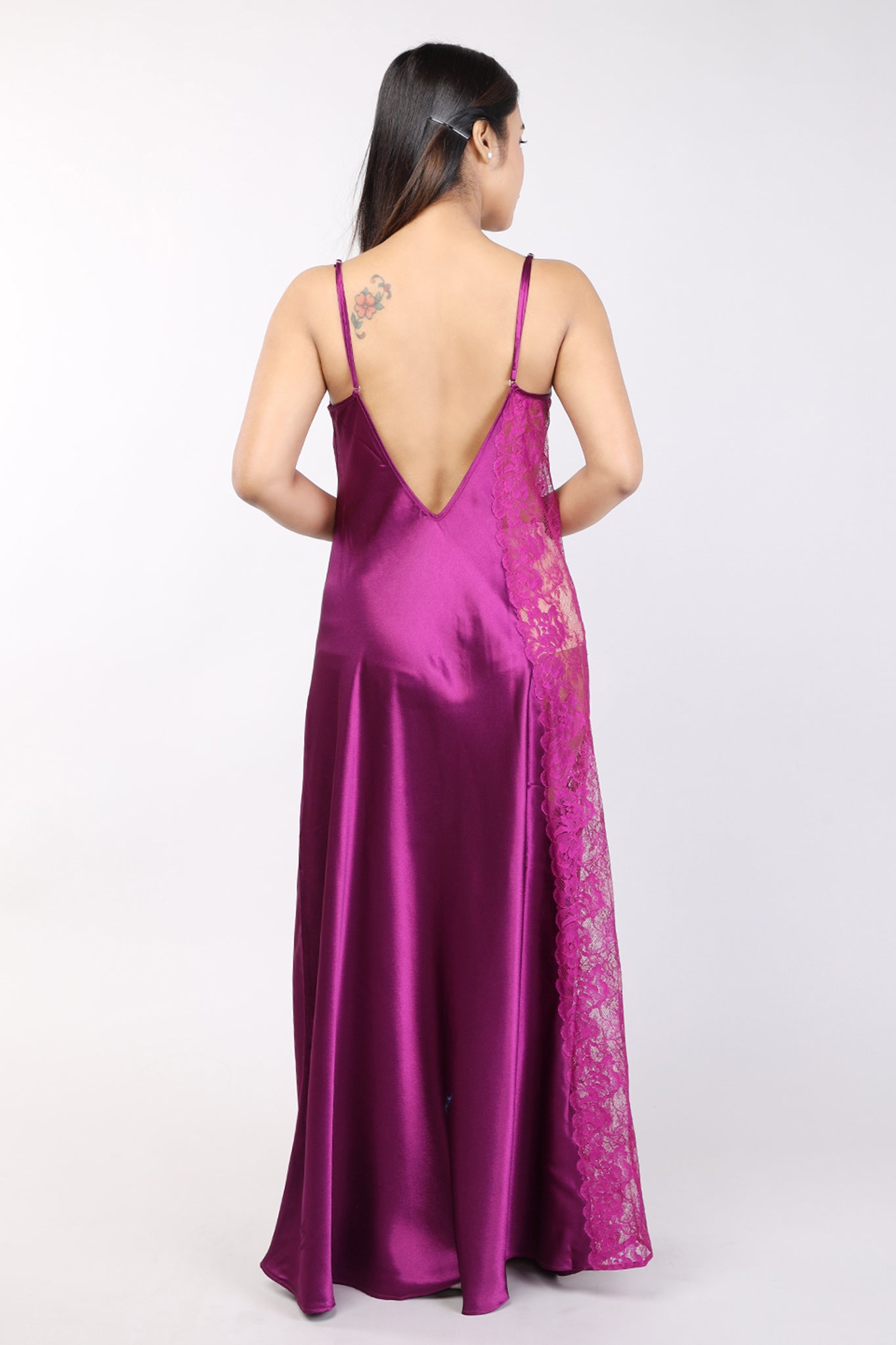 Women Purple Satin Bridal Nighty Gown Set