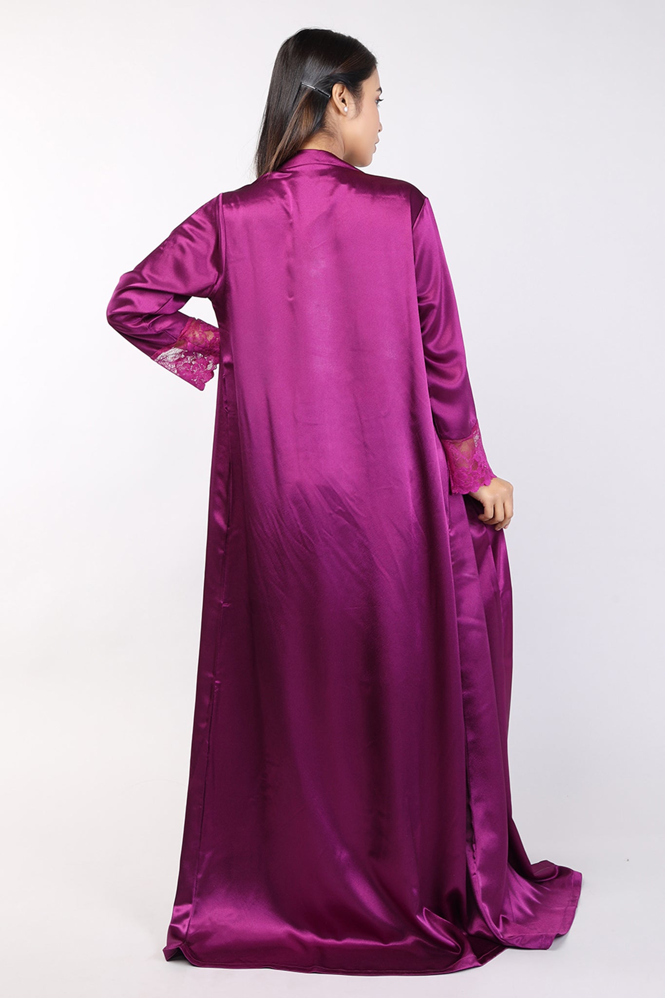 Women Purple Satin Bridal Nighty Gown Set