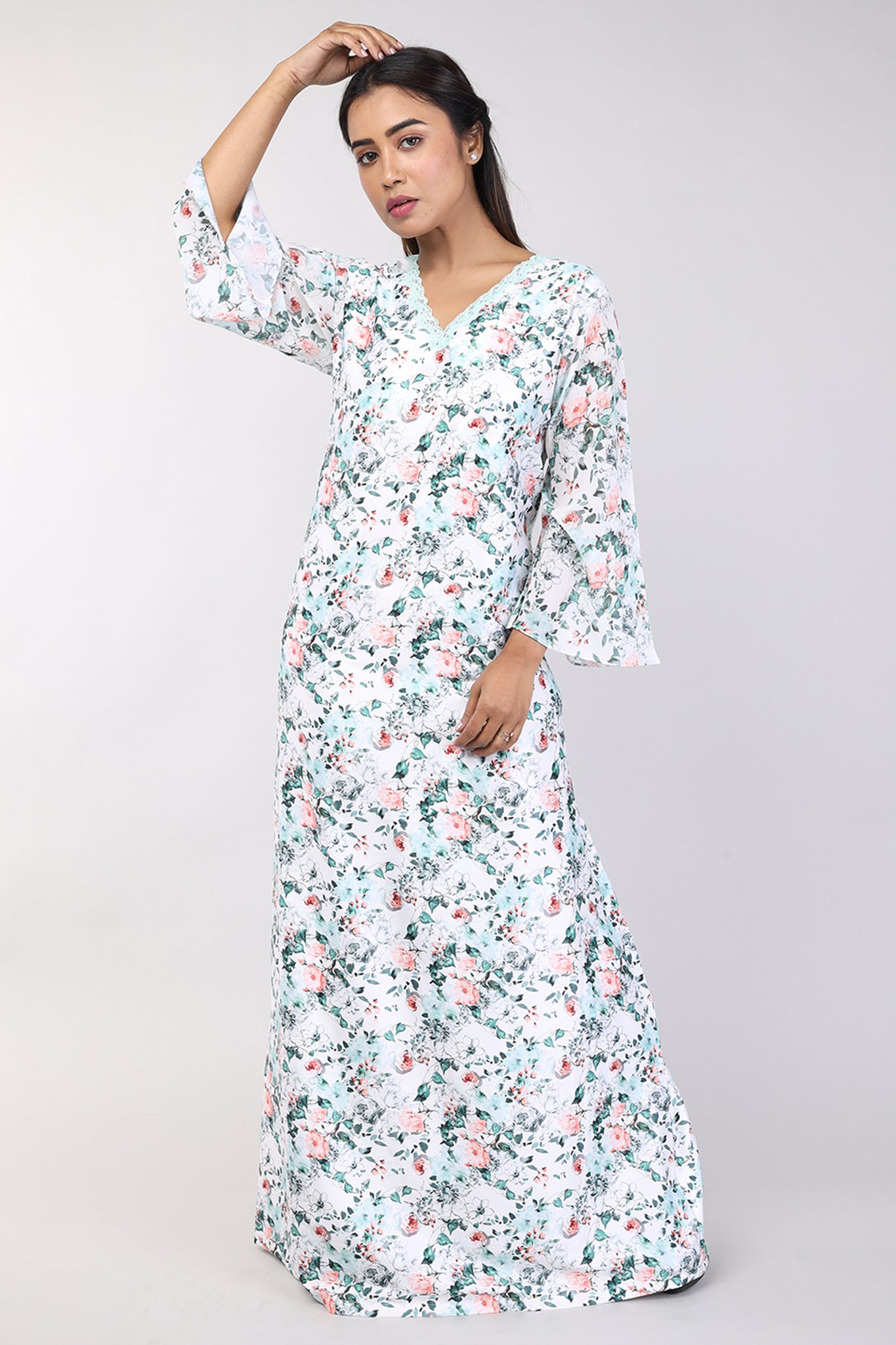 Women OffWhite Floral Print Satin Nighty