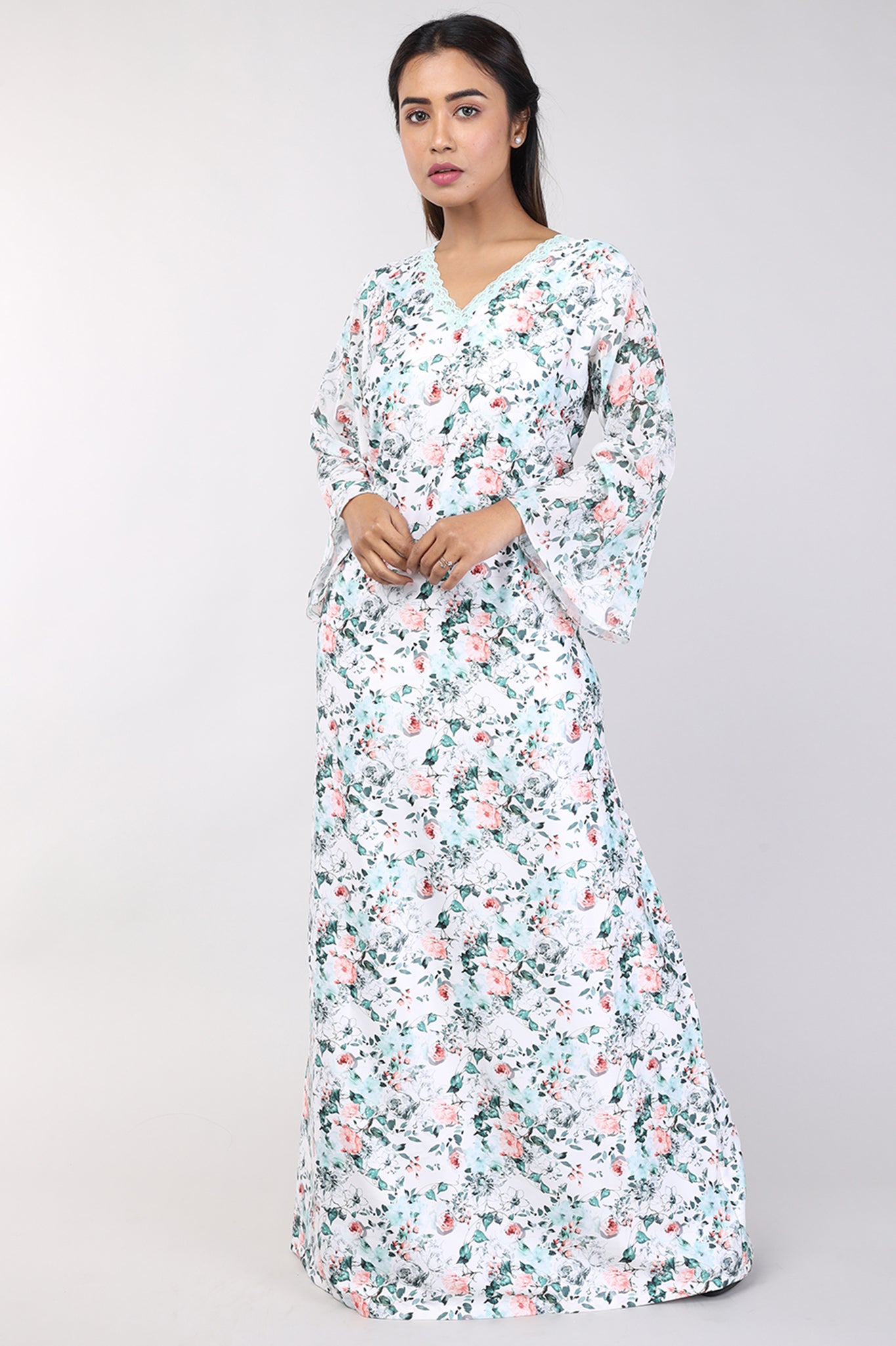 Women OffWhite Floral Print Satin Nighty