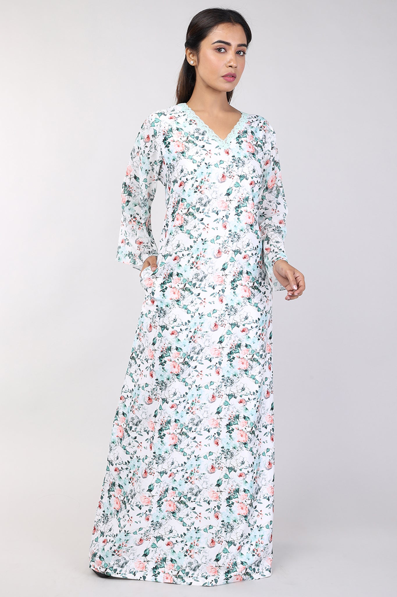 Women OffWhite Floral Print Satin Nighty