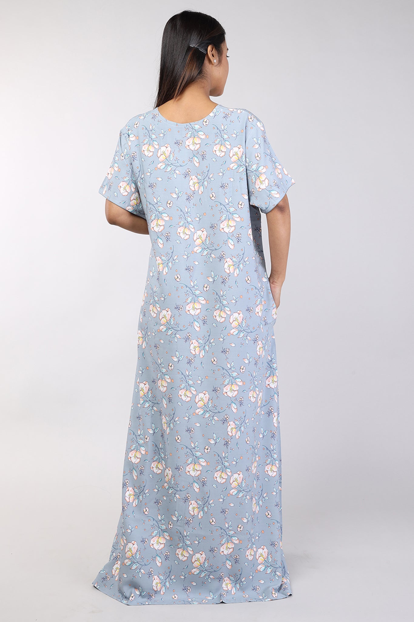 Women Grey Floral Machine Embroidery Rayon Nighty