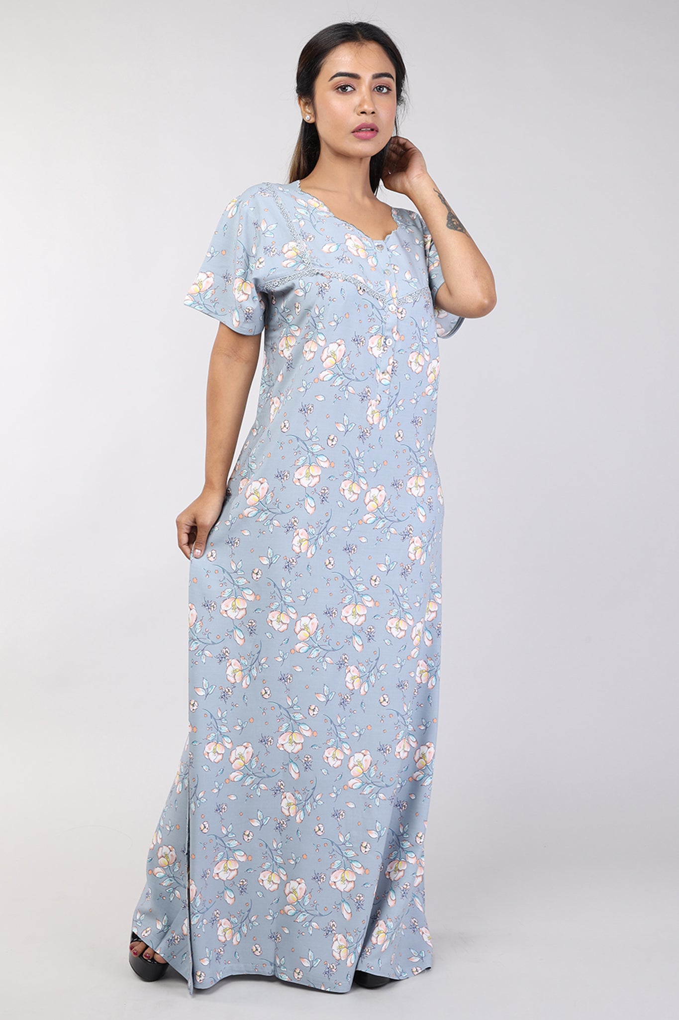 Women Grey Floral Machine Embroidery Rayon Nighty