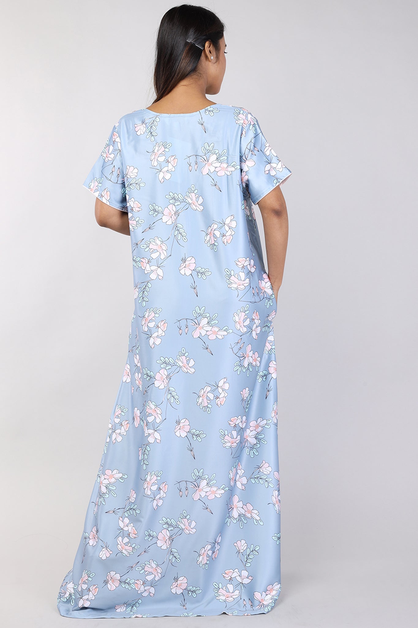 Women Dark Grey Floral Print Satin Nighty