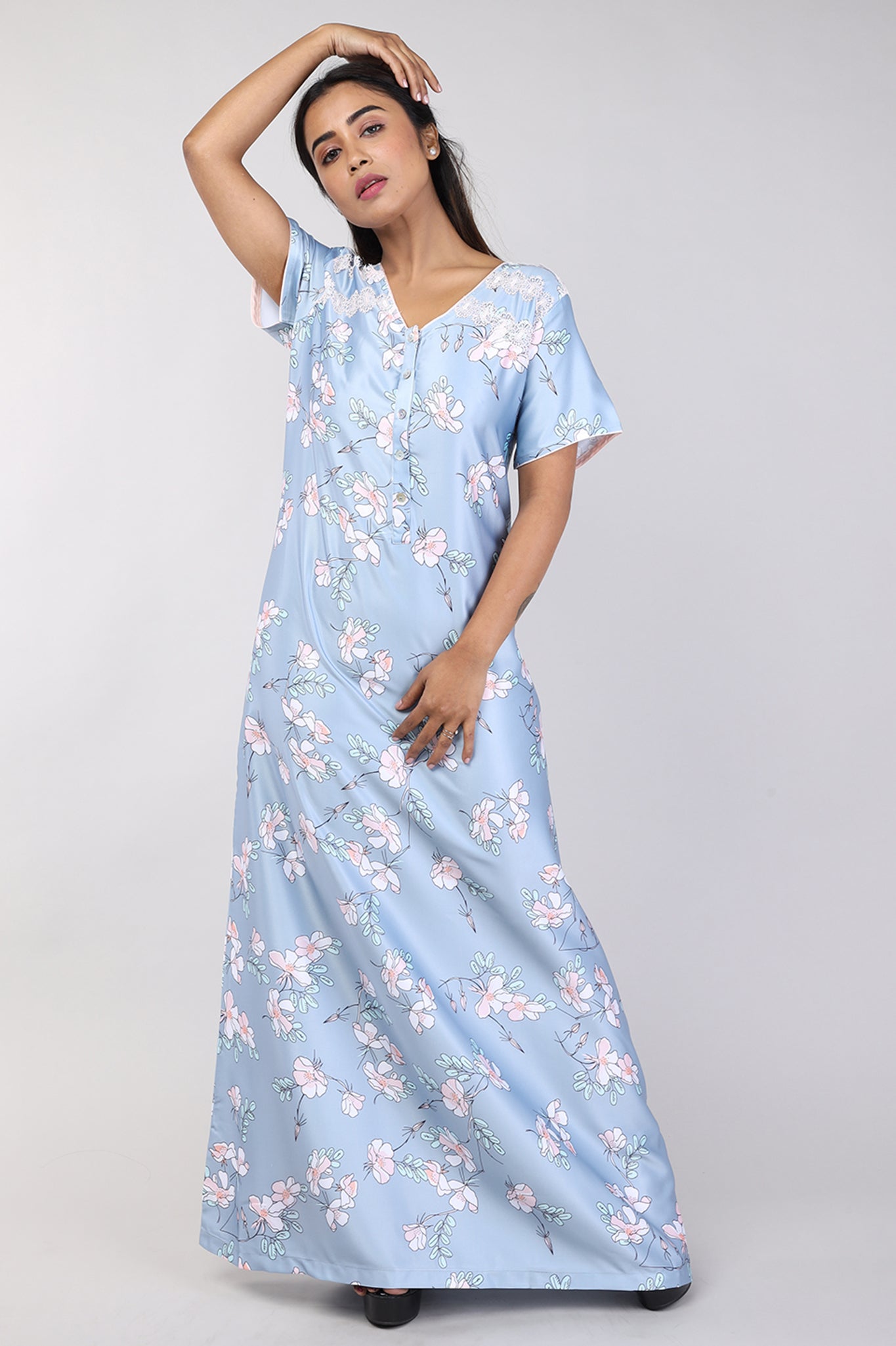 Women Dark Grey Floral Print Satin Nighty