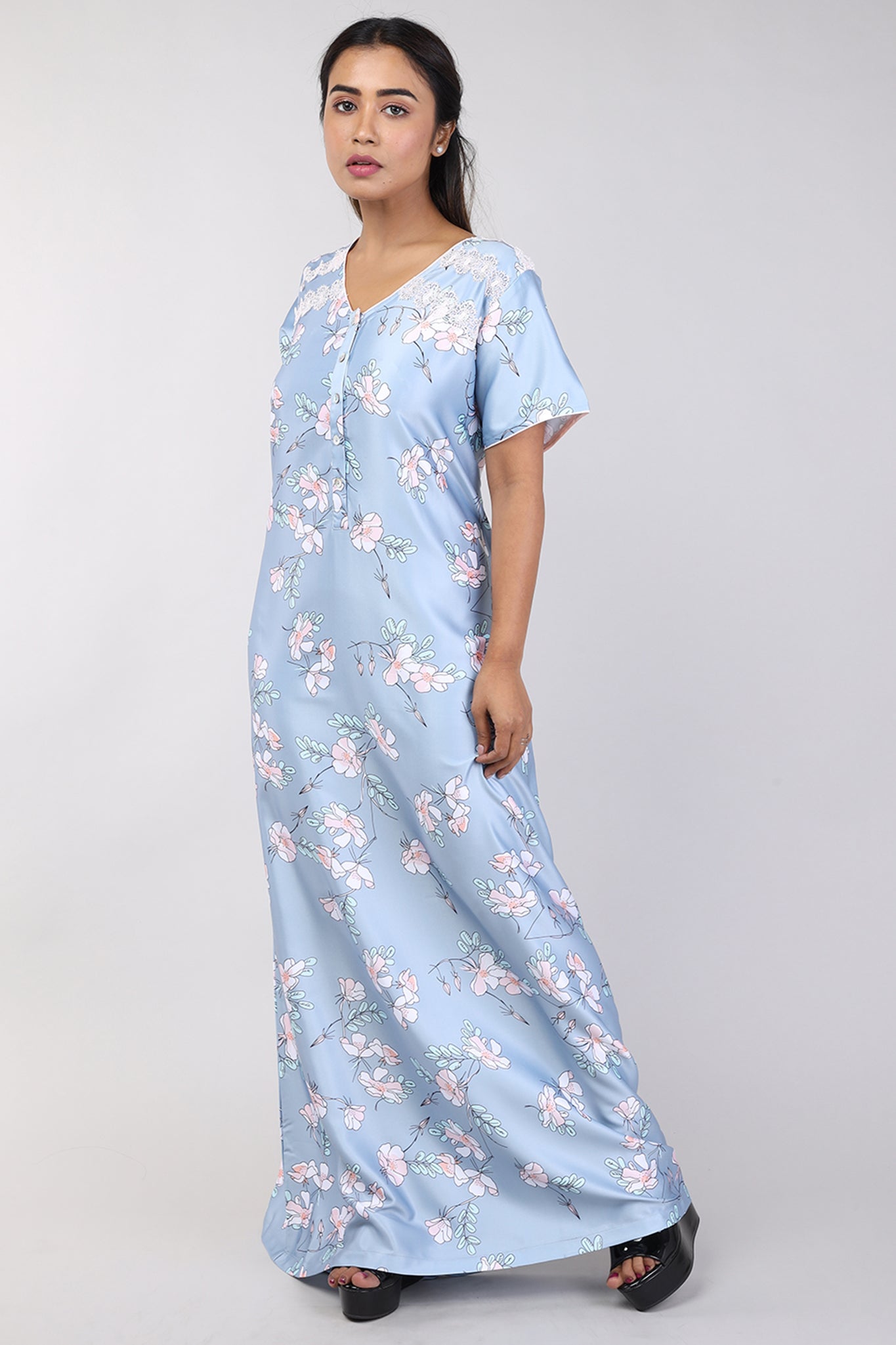 Women Dark Grey Floral Print Satin Nighty