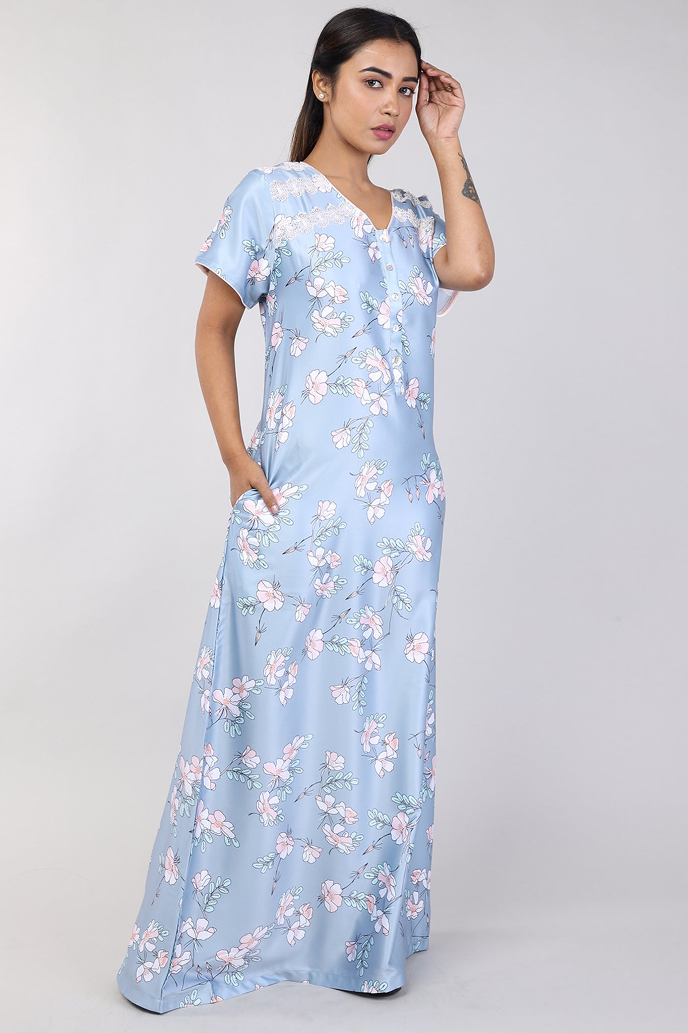 Women Dark Grey Floral Print Satin Nighty