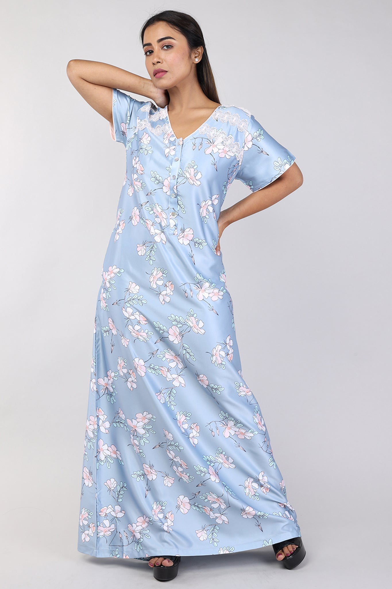 Women Dark Grey Floral Print Satin Nighty
