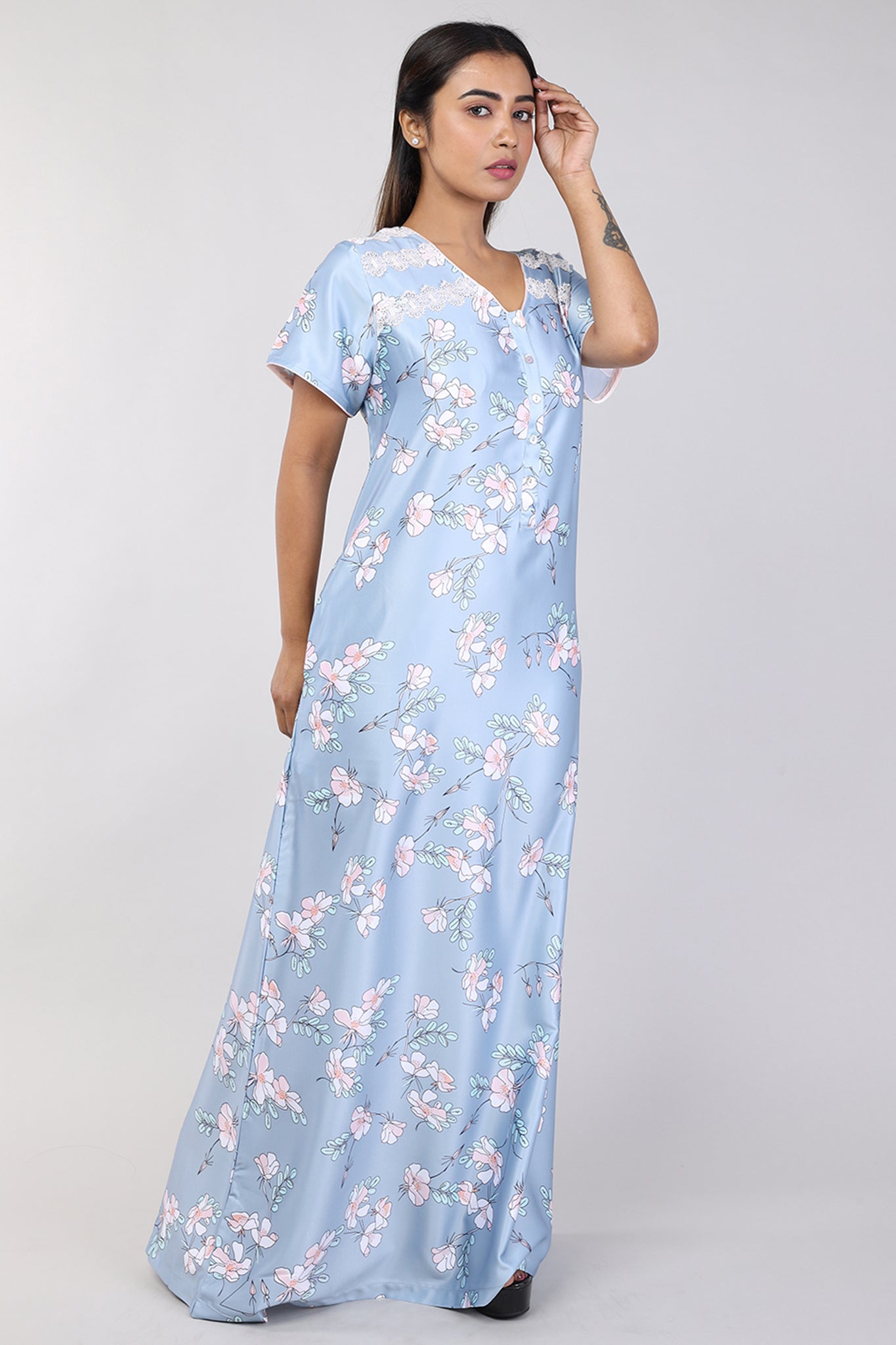 Women Dark Grey Floral Print Satin Nighty