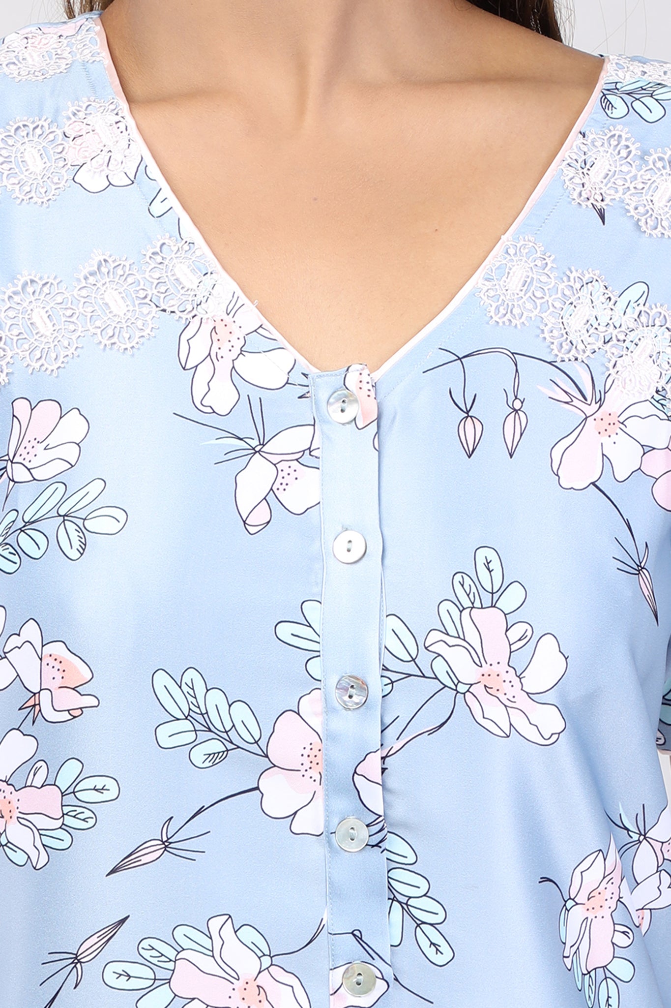 Women Dark Grey Floral Print Satin Nighty
