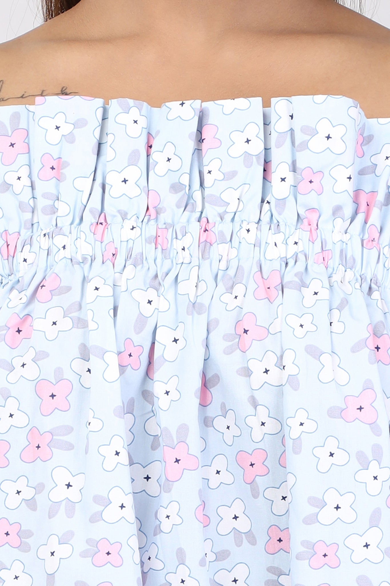 Women Light Blue Floral Print Short Cotton Nighty