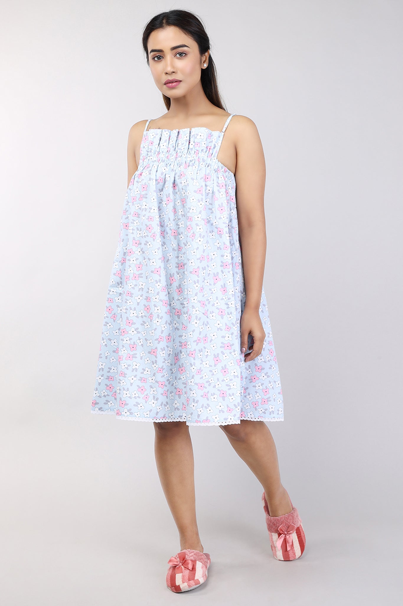 Women Light Blue Floral Print Short Cotton Nighty