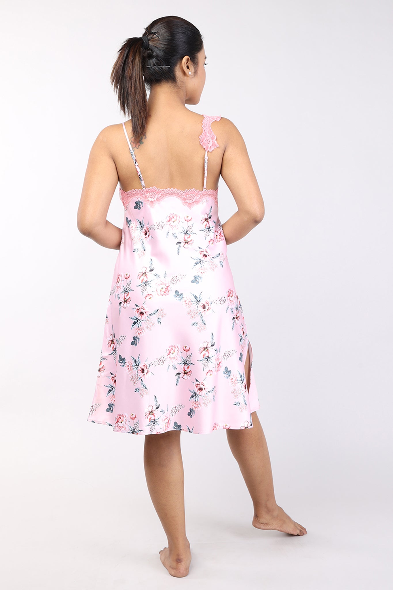 Women Floral Peach Short Nighty Gown Set