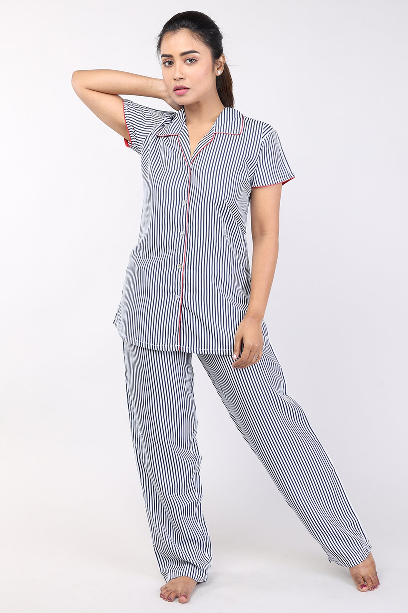 Woman Navy Blue Stripe Cotton Rayon Nightsuit