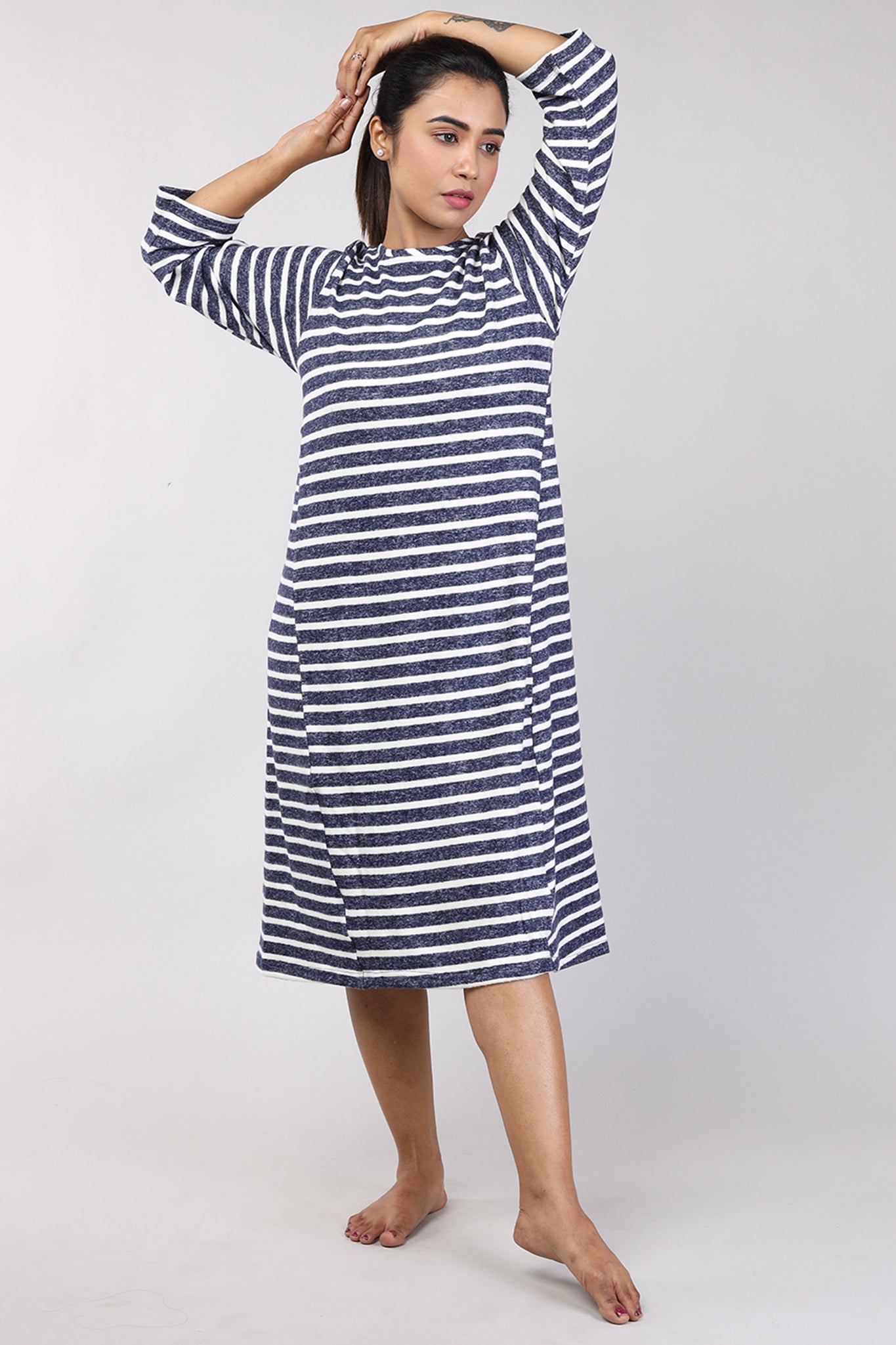 Women Navy Blue Stripes Knitted Winter Night Shirt