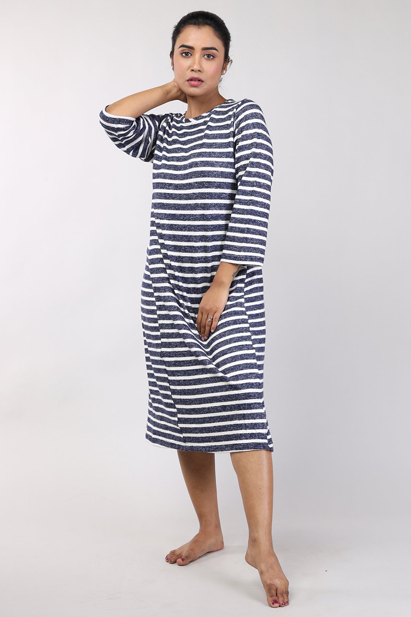 Women Navy Blue Stripes Knitted Winter Night Shirt