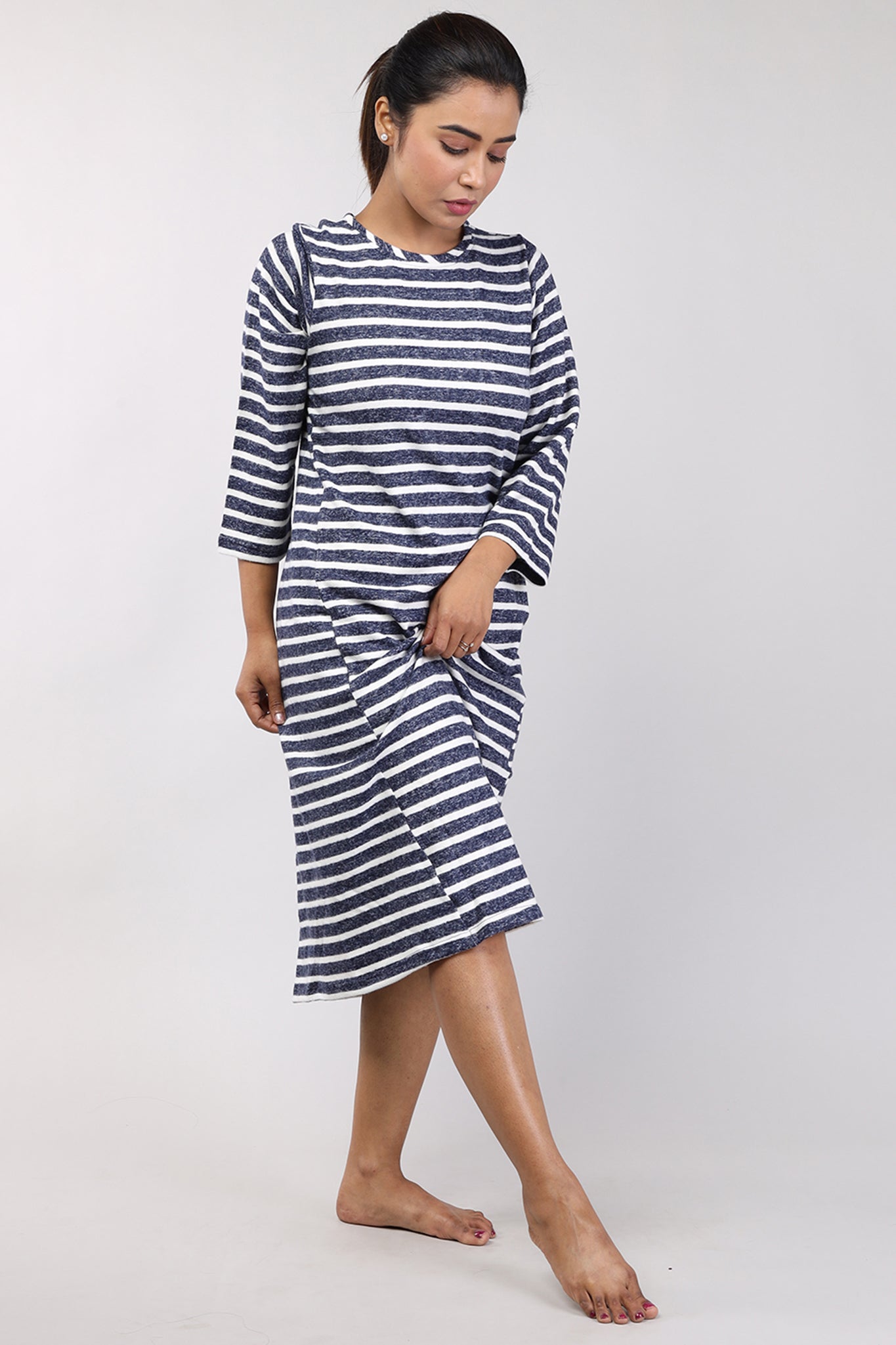 Women Navy Blue Stripes Knitted Winter Night Shirt